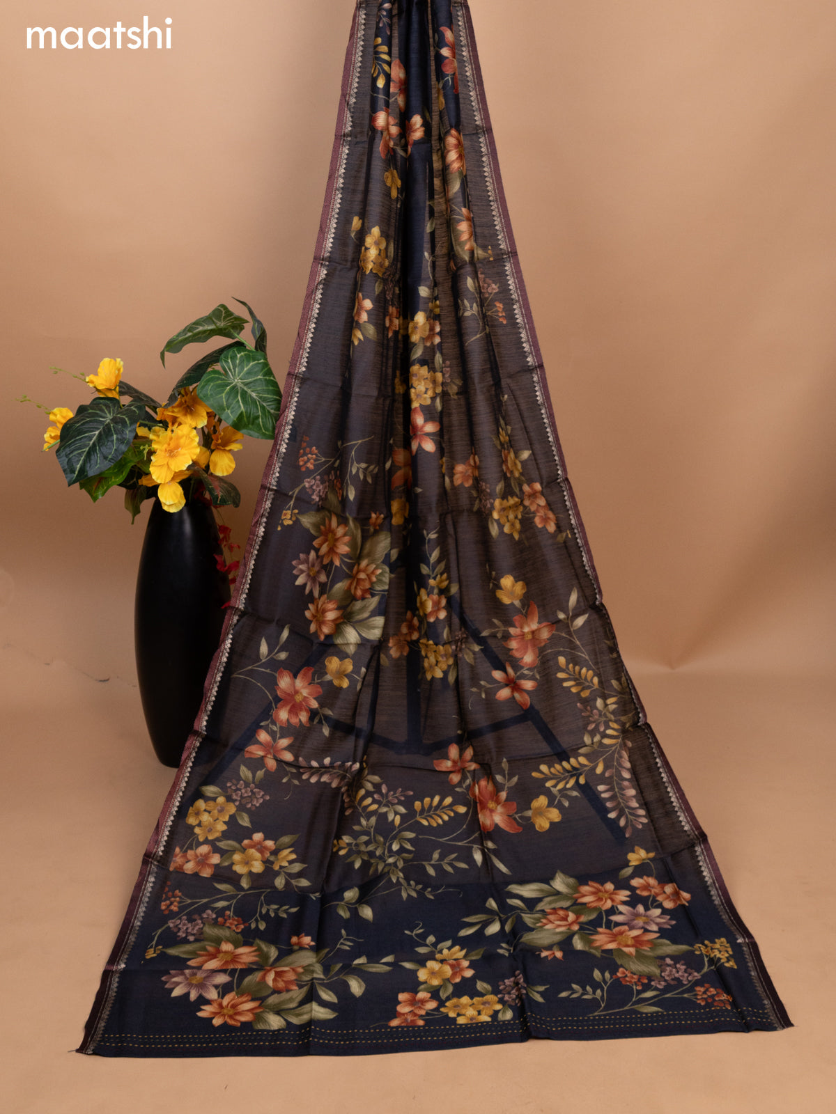 Black Pure Tussar Dress Material With Allover Sequin & Kantha Stitch Work