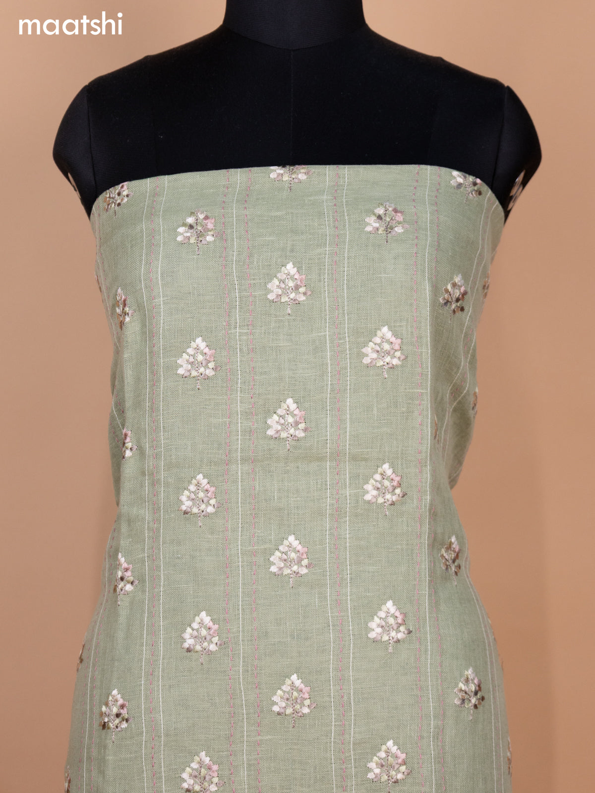 Pastel Green and Beige Linen Cotton Dress Material With Embroidery Buttas & Kantha Stitch Work