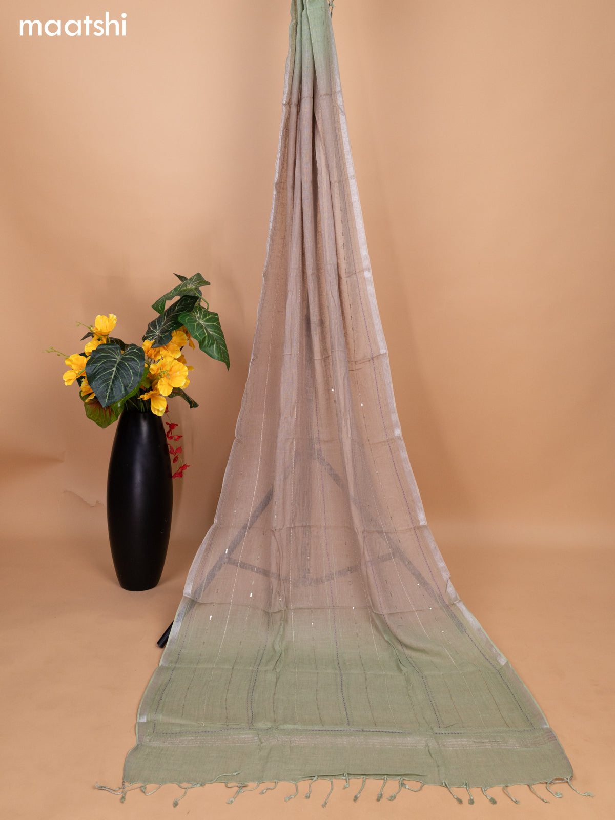 Pastel Green and Beige Linen Cotton Dress Material With Embroidery Buttas & Kantha Stitch Work