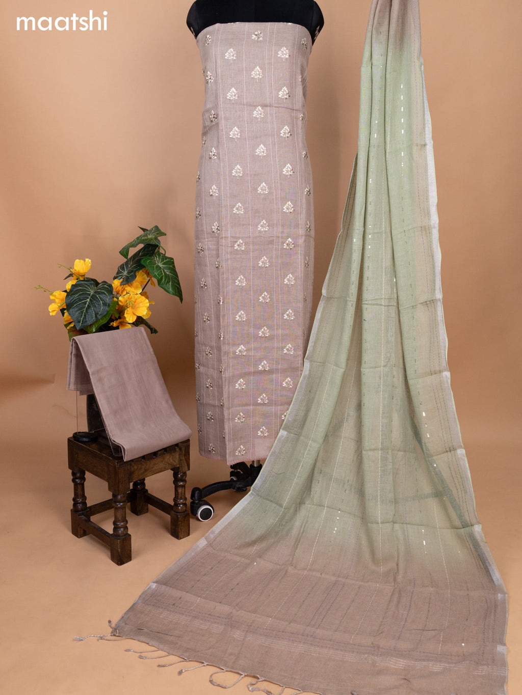 Beige and Pastel Green Linen Cotton Dress Material With Embroidery Buttas & Kantha Stitch Work