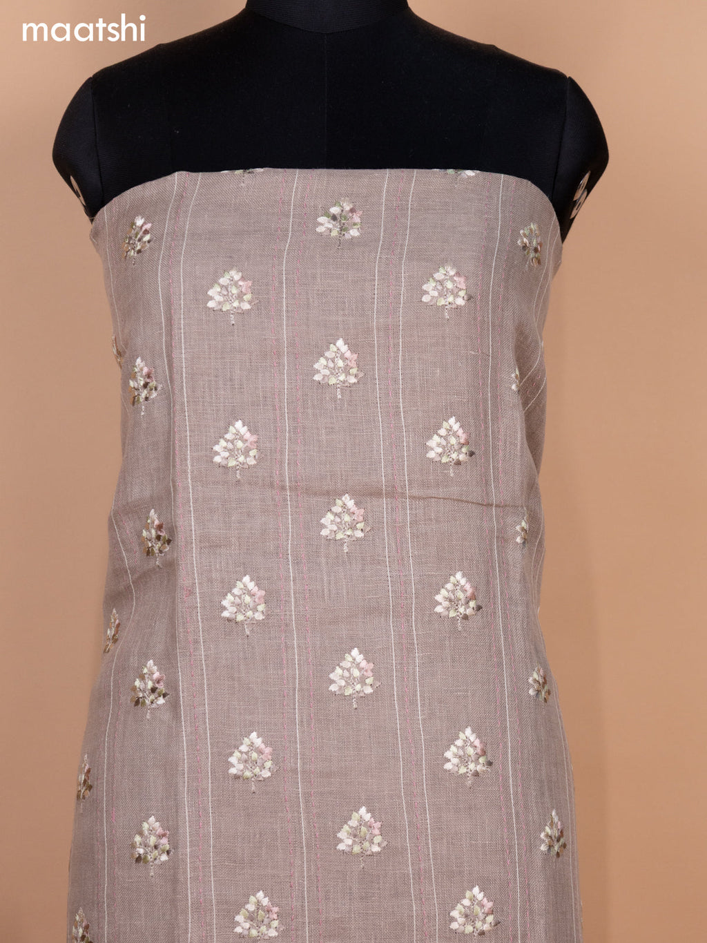 Beige and Pastel Green Linen Cotton Dress Material With Embroidery Buttas & Kantha Stitch Work