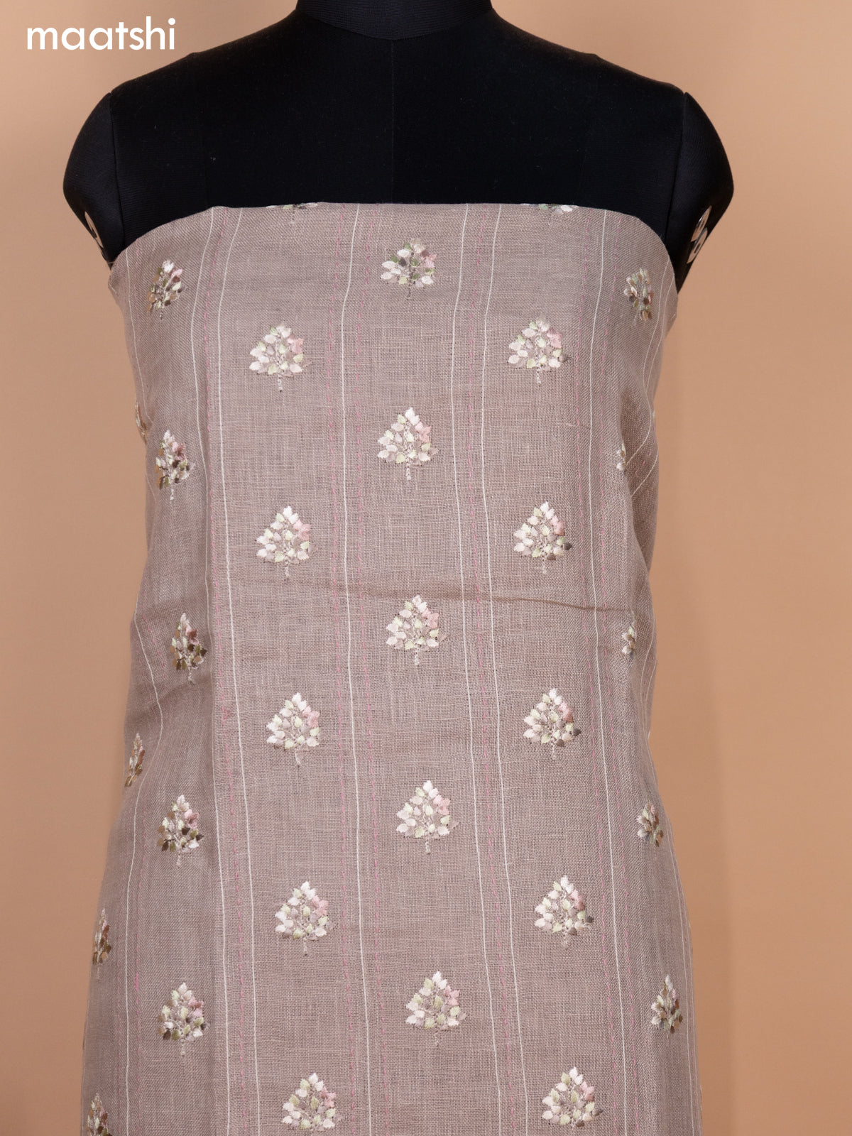 Beige and Pastel Green Linen Cotton Dress Material With Embroidery Buttas & Kantha Stitch Work