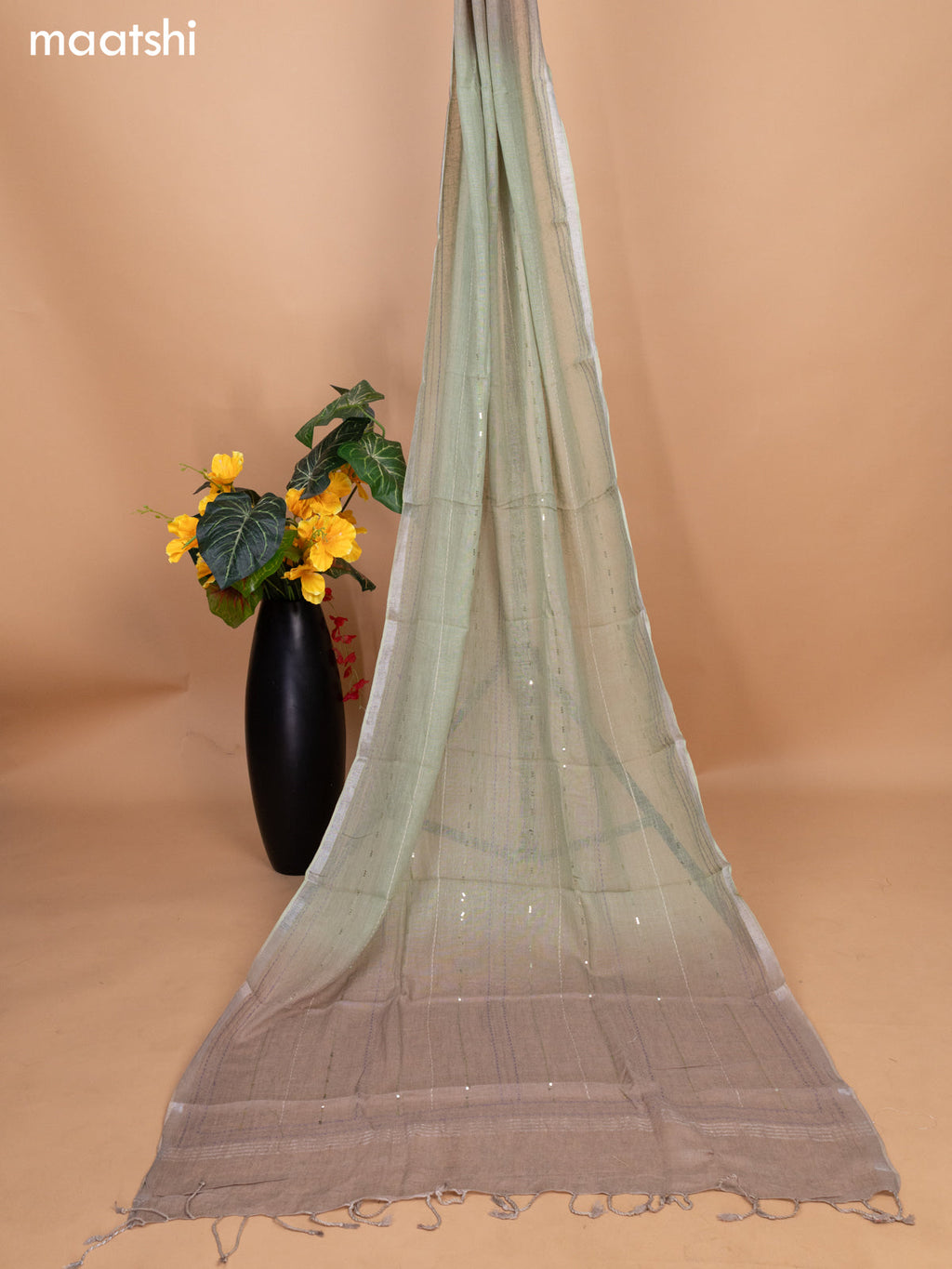 Beige and Pastel Green Linen Cotton Dress Material With Embroidery Buttas & Kantha Stitch Work