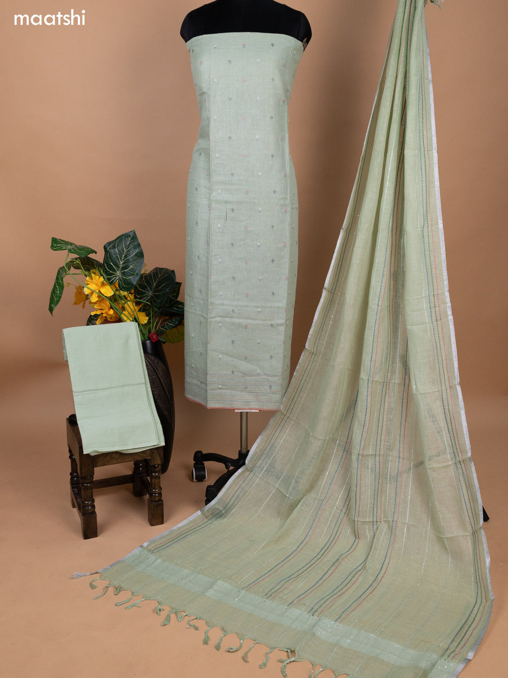Pastel Green Linen Cotton Dress Material With Embroidery Buttas & Kantha Stitch Work