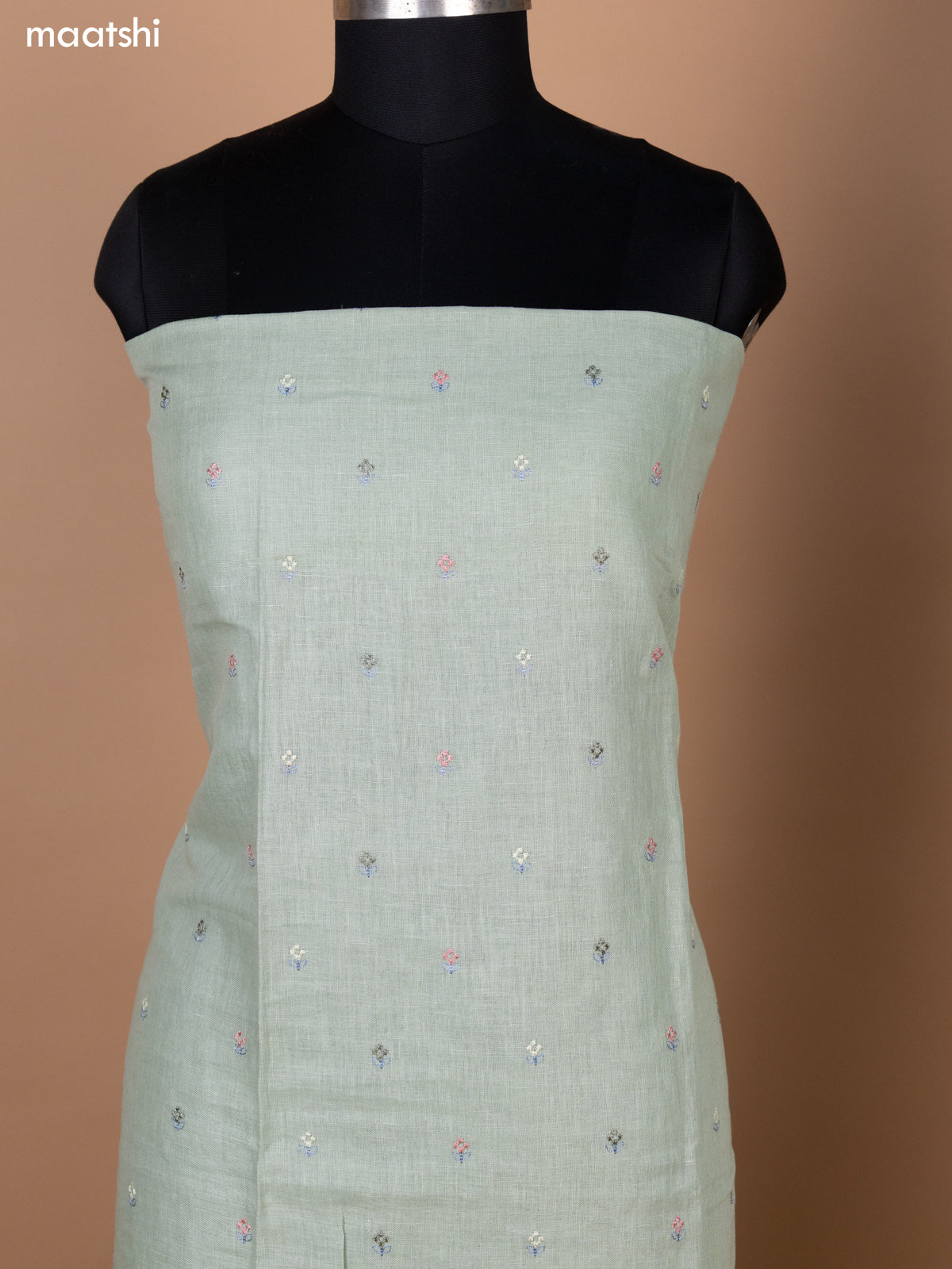 Pastel Green Linen Cotton Dress Material With Embroidery Buttas & Kantha Stitch Work