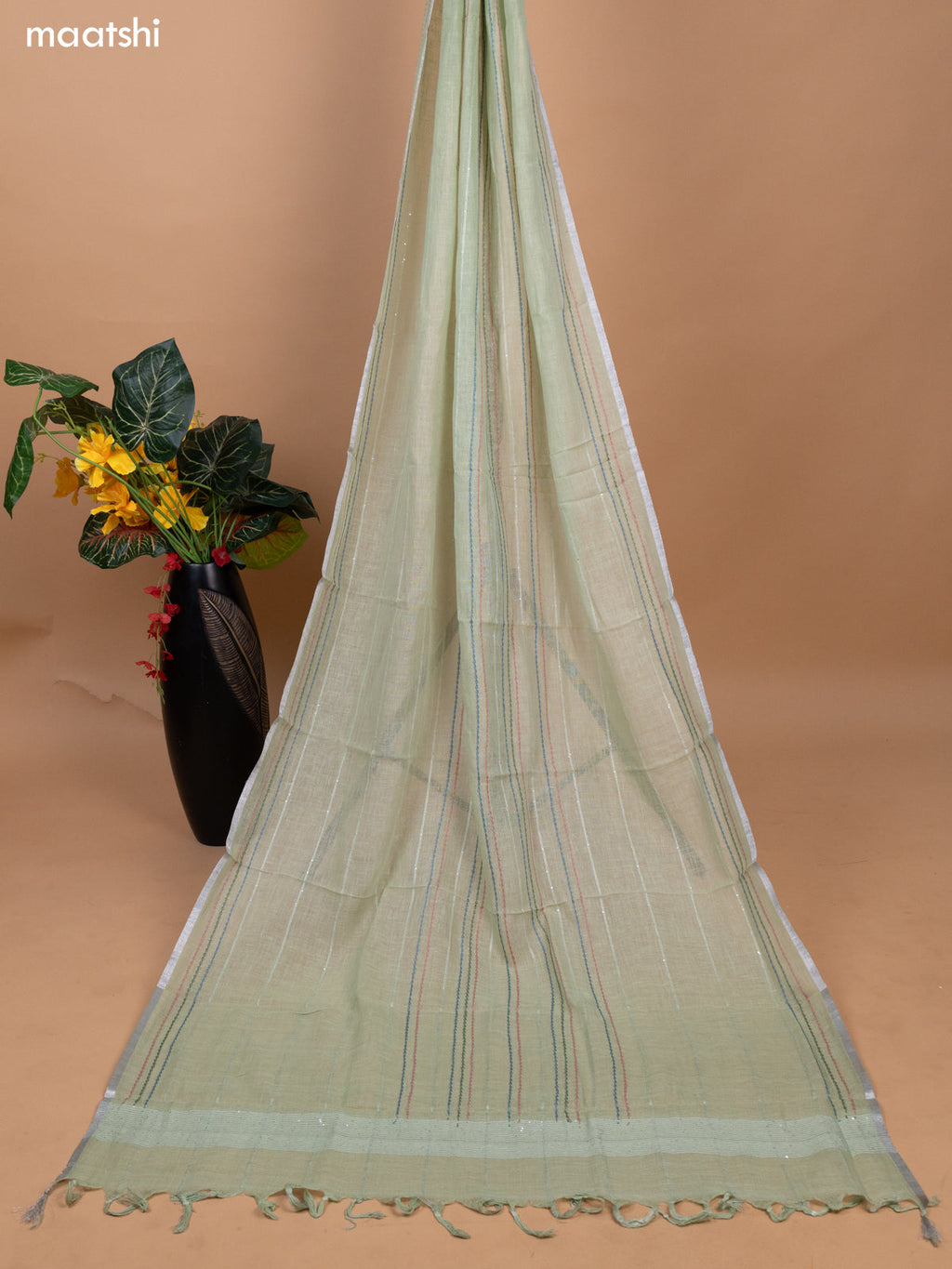 Pastel Green Linen Cotton Dress Material With Embroidery Buttas & Kantha Stitch Work