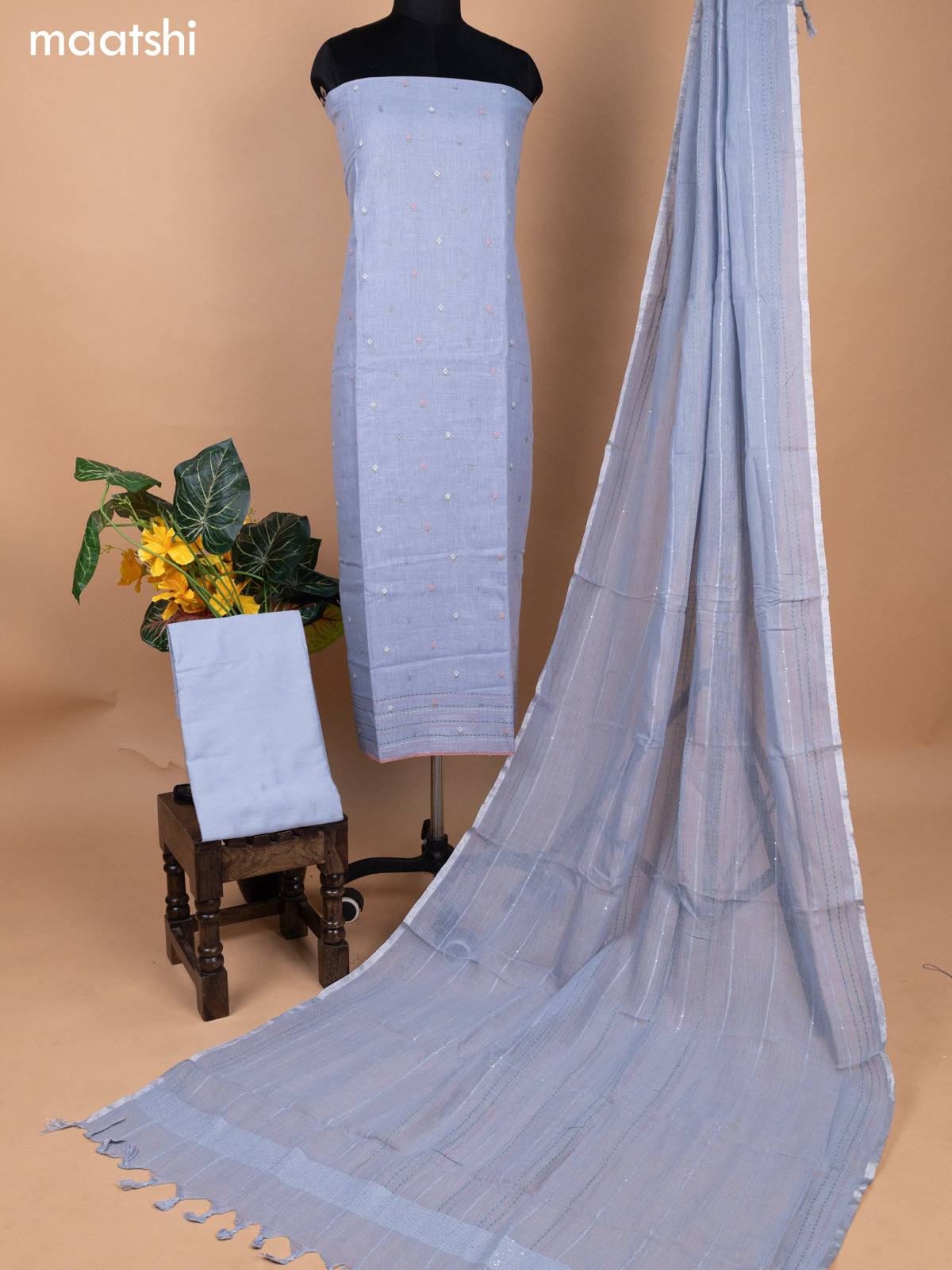Greyish Blue Linen Cotton Dress Material With Embroidery Buttas & Kantha Stitch Work