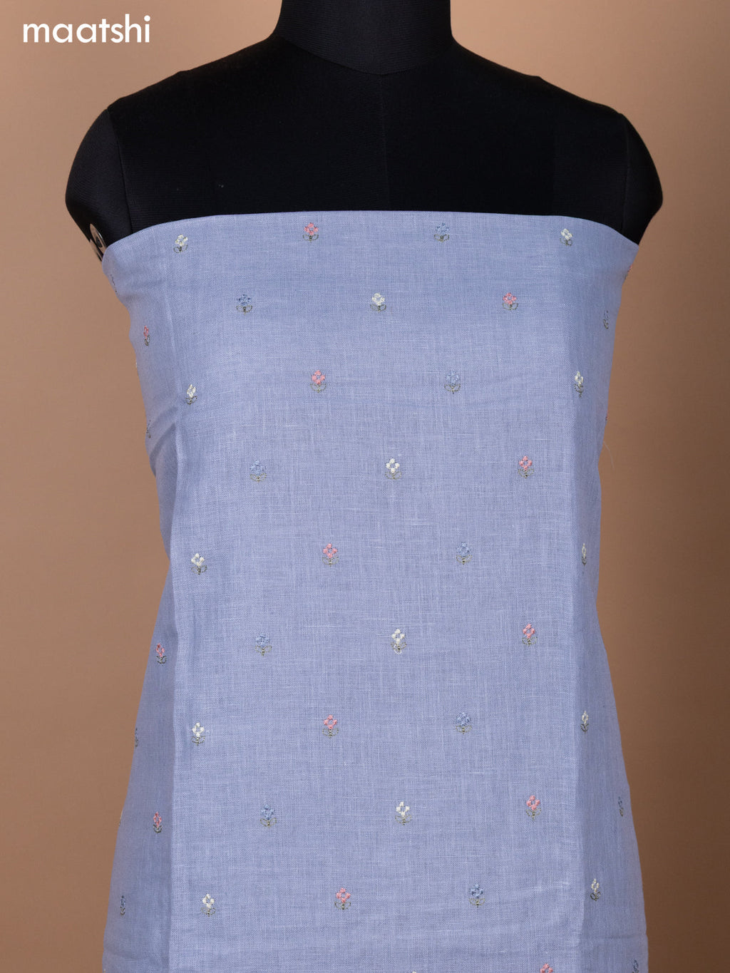 Greyish Blue Linen Cotton Dress Material With Embroidery Buttas & Kantha Stitch Work