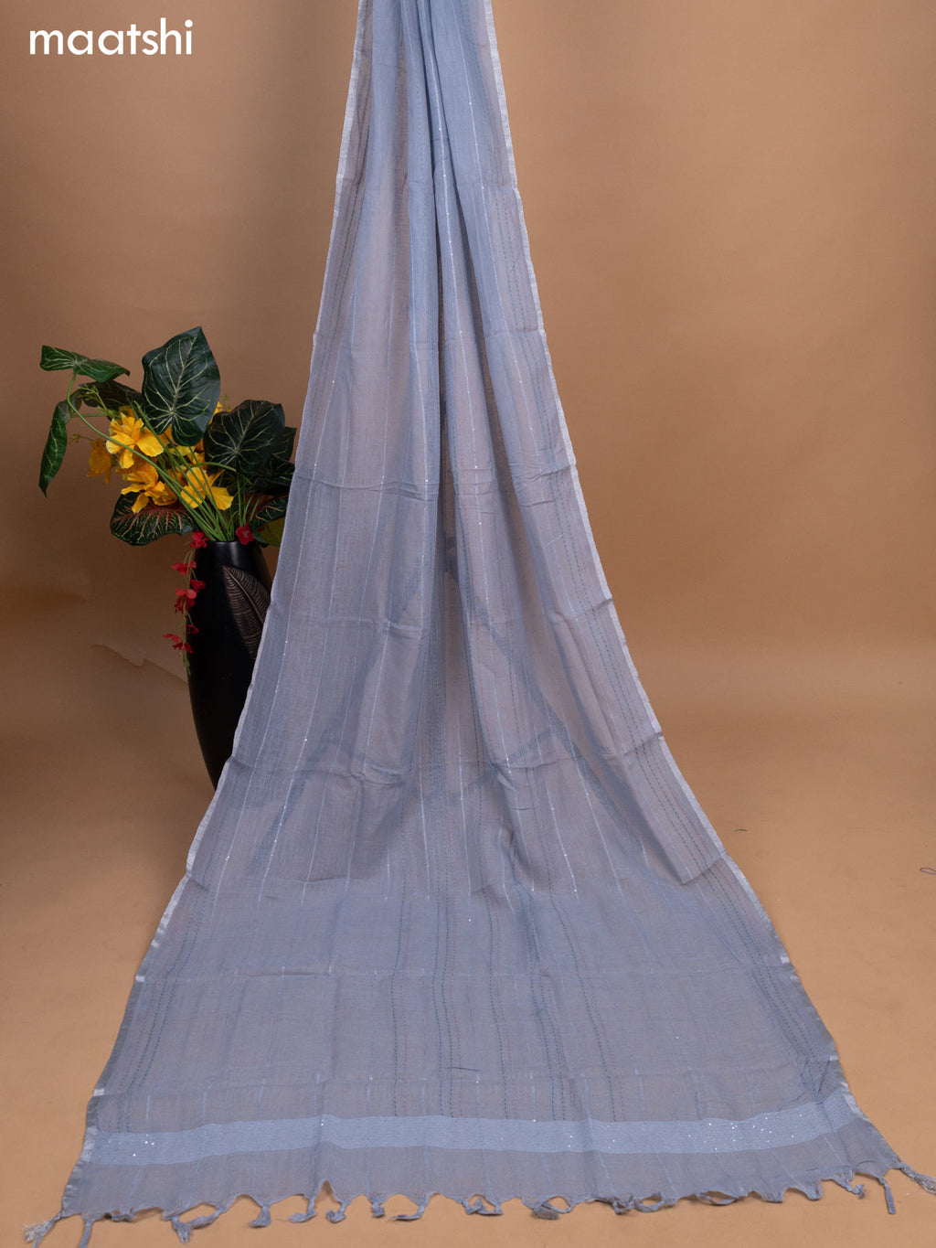 Greyish Blue Linen Cotton Dress Material With Embroidery Buttas & Kantha Stitch Work