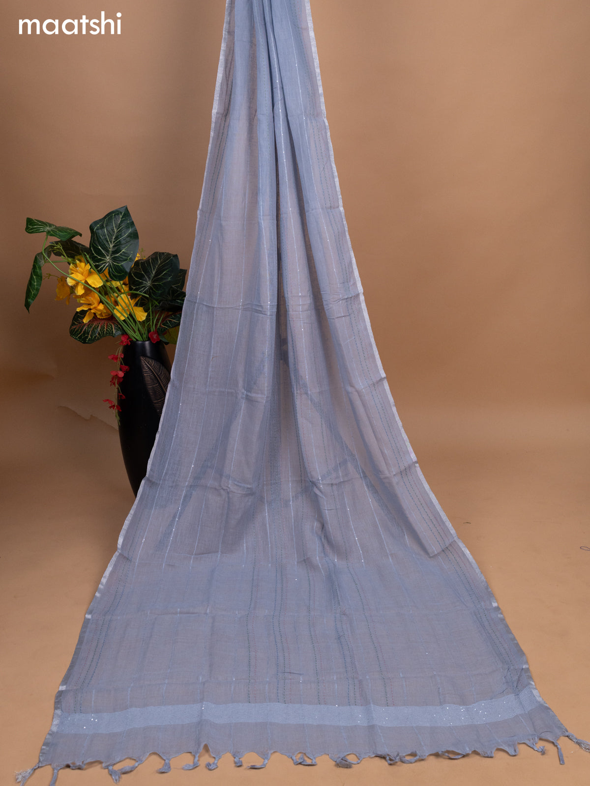 Greyish Blue Linen Cotton Dress Material With Embroidery Buttas & Kantha Stitch Work