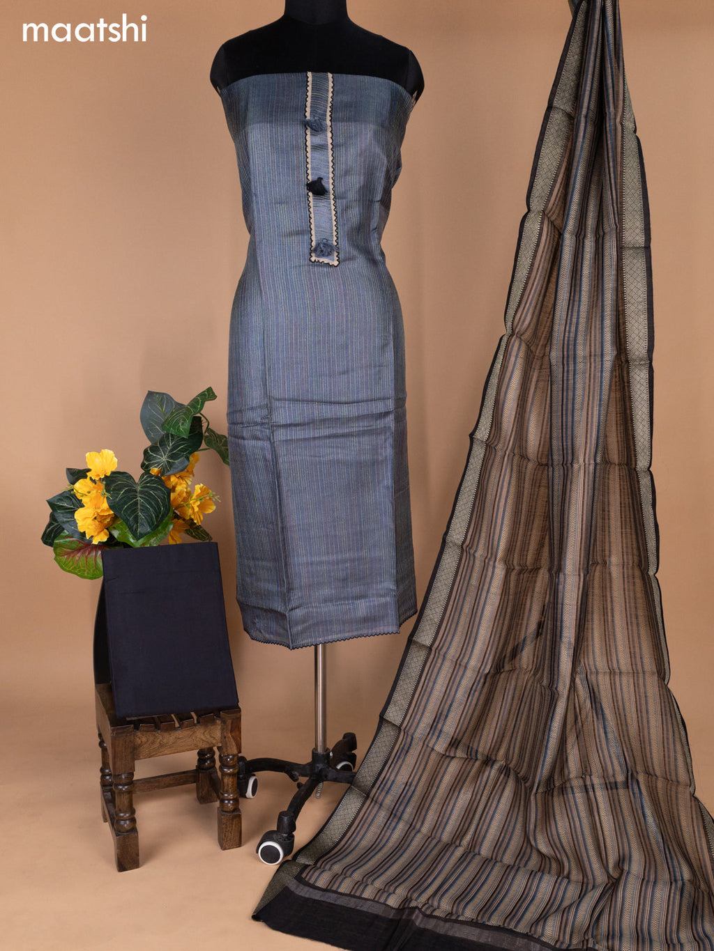 Grey and Black Pure Tussar Dress Material With Allover Thread Weaves