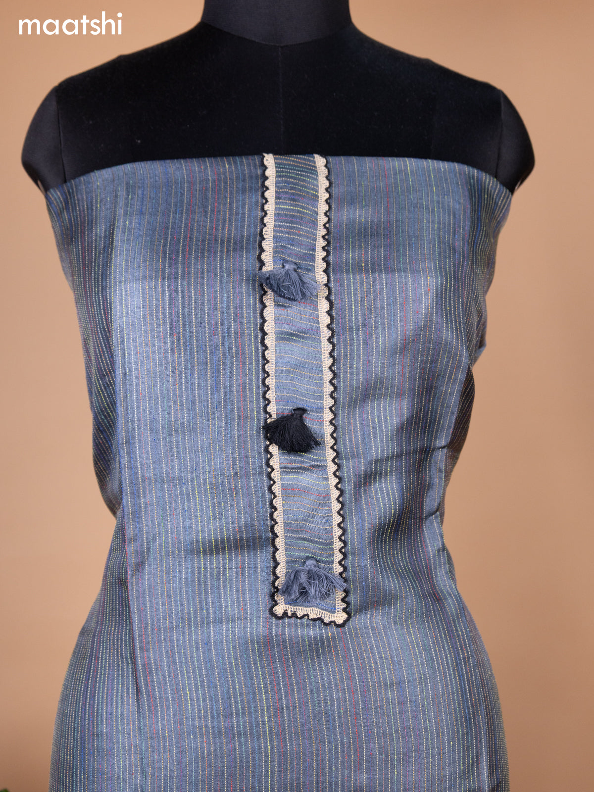 Grey and Black Pure Tussar Dress Material With Allover Thread Weaves