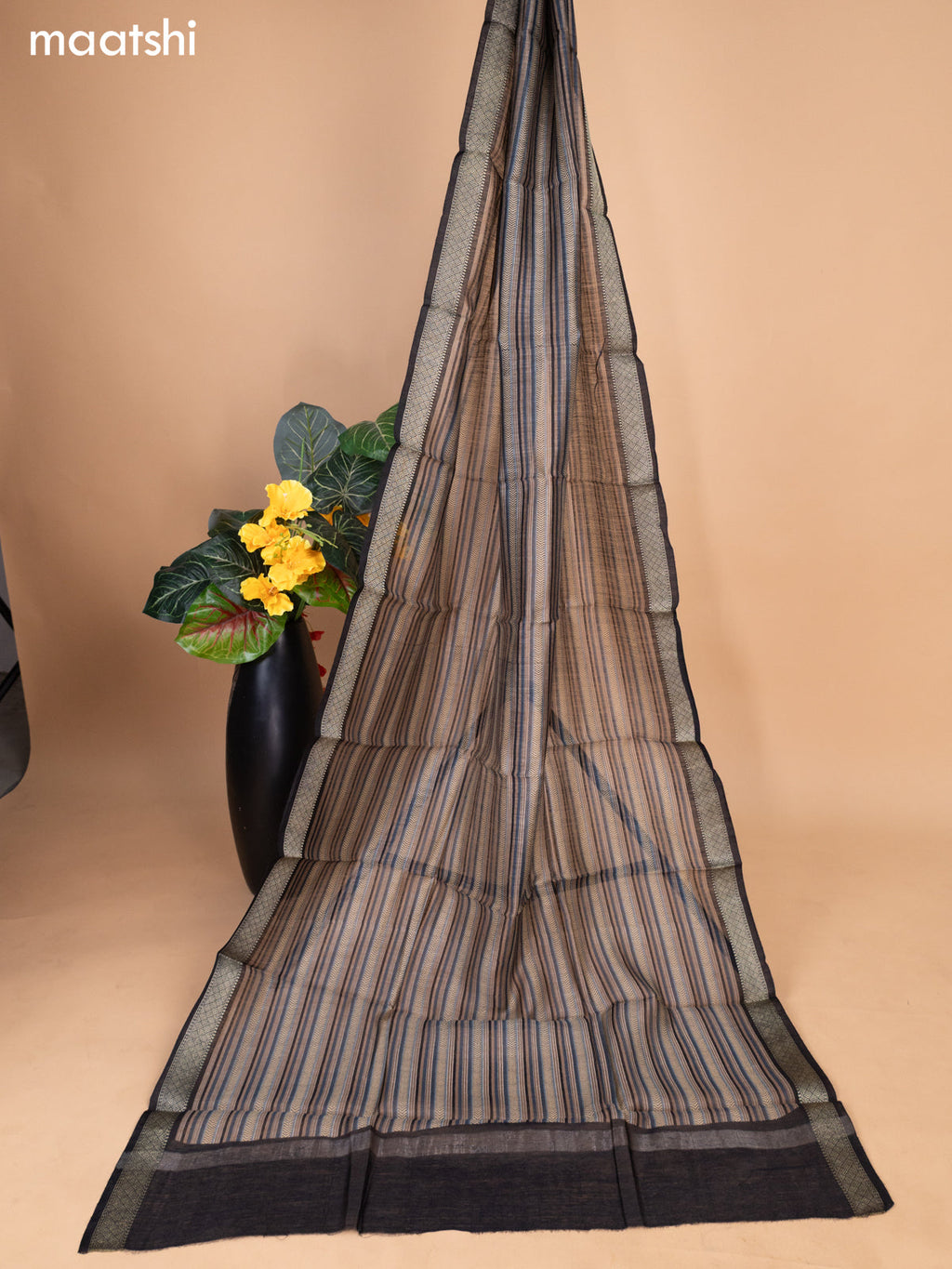 Grey and Black Pure Tussar Dress Material With Allover Thread Weaves