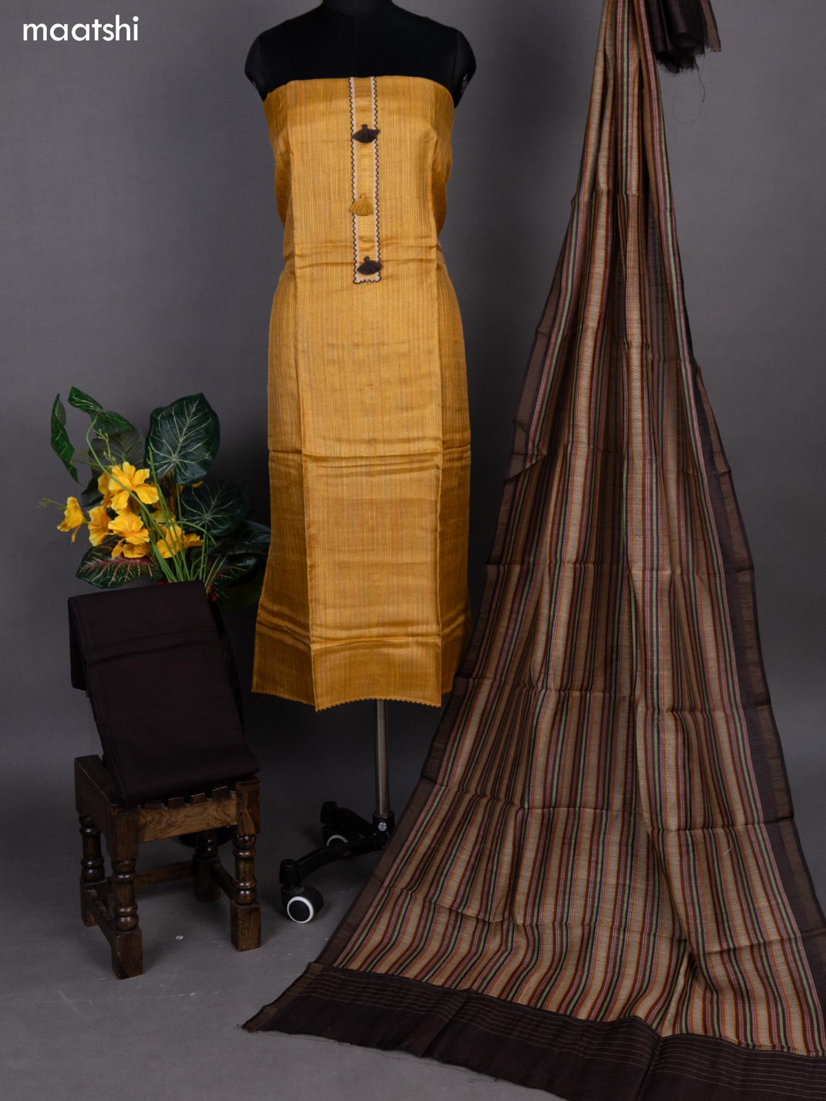 Mustard Yellow and Deep Brown Pure Tussar Dress Material With Allover Thread Weaves