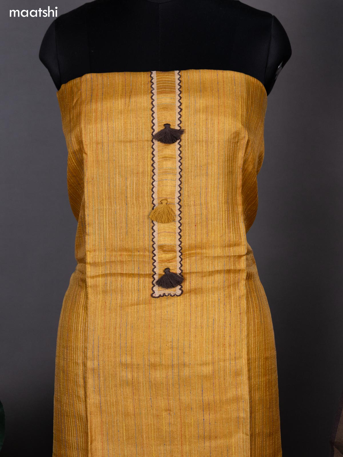 Mustard Yellow and Deep Brown Pure Tussar Dress Material With Allover Thread Weaves