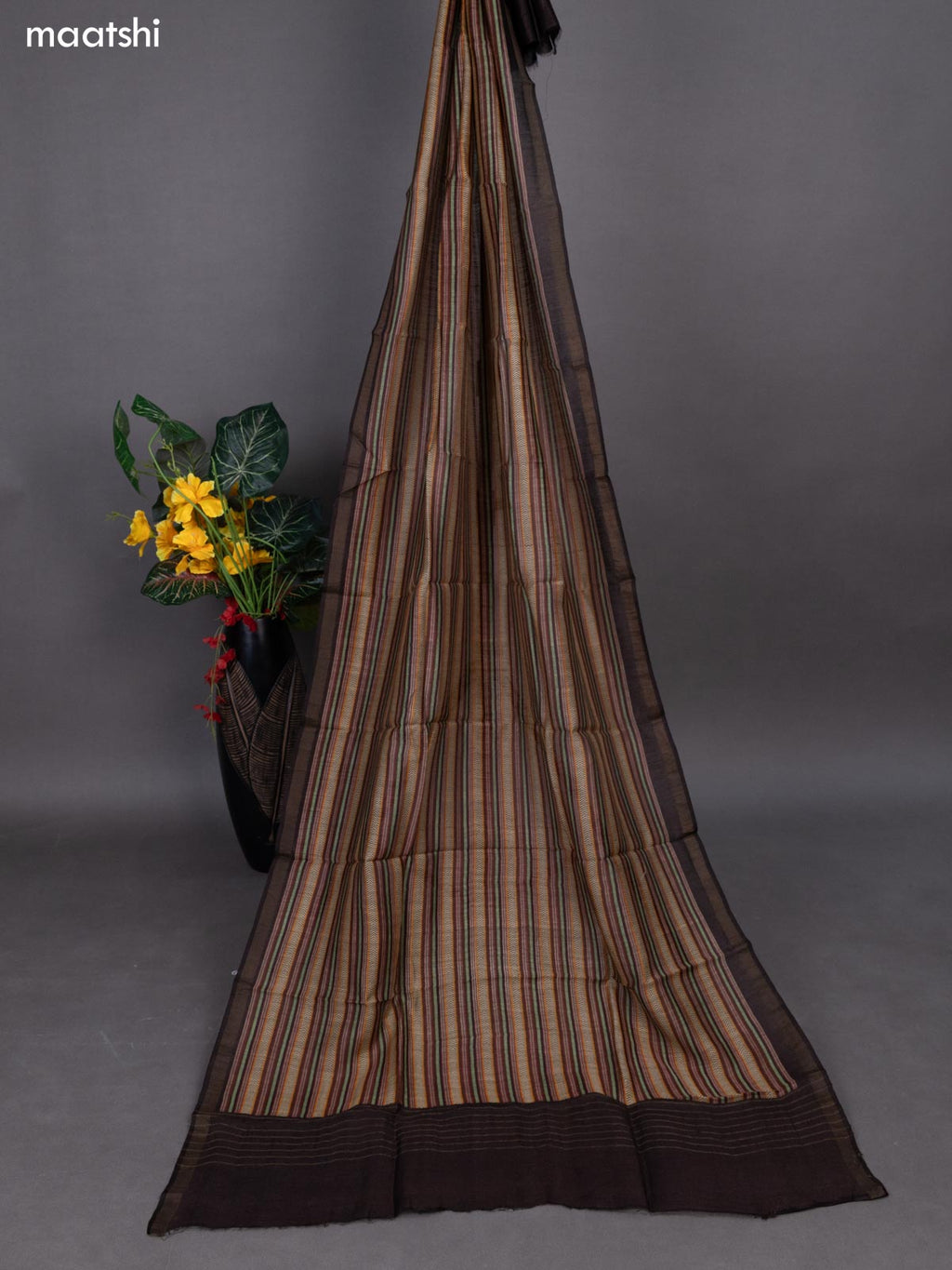 Mustard Yellow and Deep Brown Pure Tussar Dress Material With Allover Thread Weaves