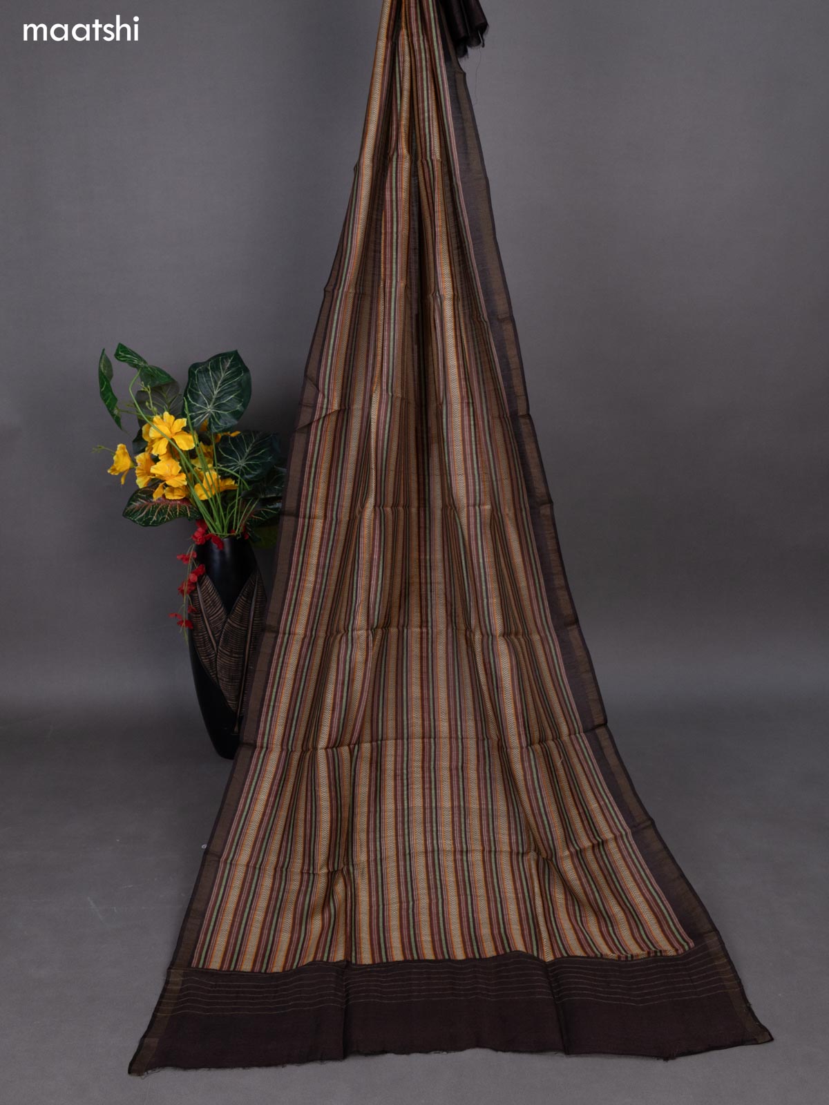 Mustard Yellow and Deep Brown Pure Tussar Dress Material With Allover Thread Weaves