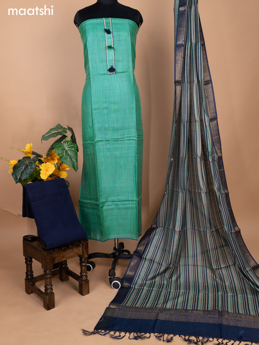 Teal Shade and Navy Blue Pure Tussar Dress Material With Allover Thread Weaves