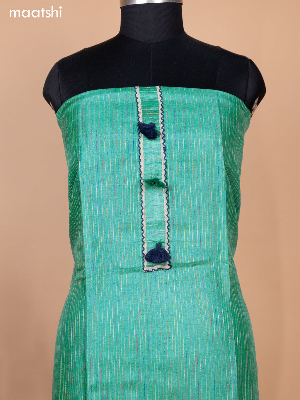 Teal Shade and Navy Blue Pure Tussar Dress Material With Allover Thread Weaves