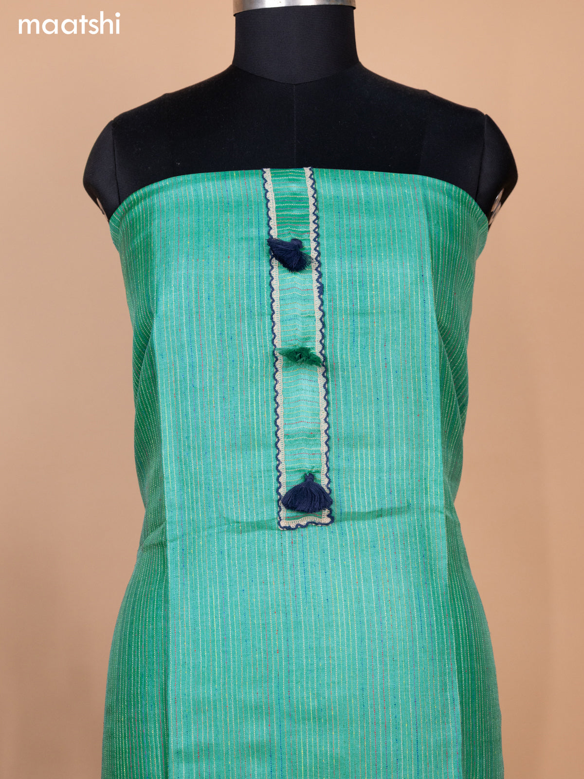 Teal Shade and Navy Blue Pure Tussar Dress Material With Allover Thread Weaves