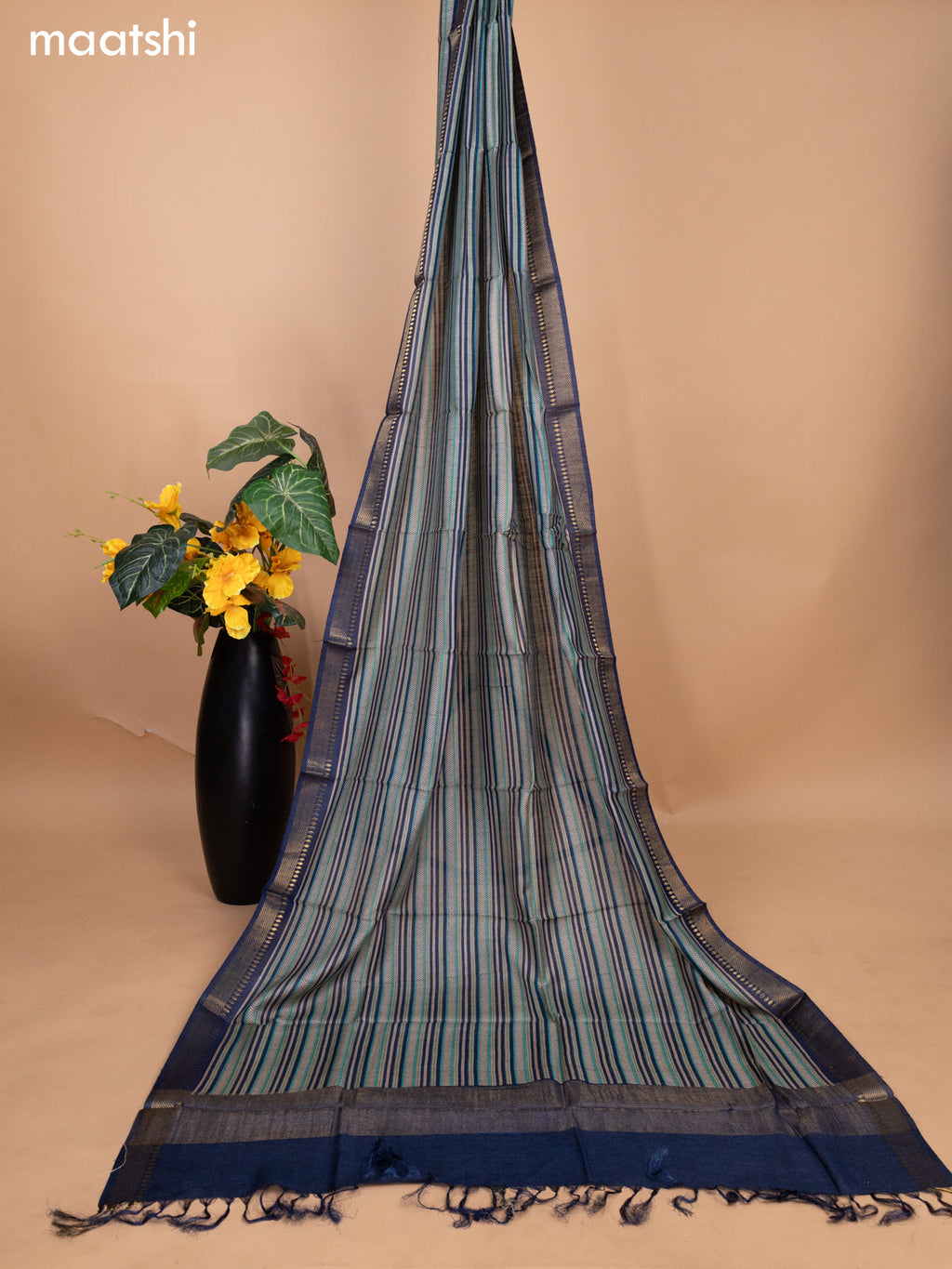 Teal Shade and Navy Blue Pure Tussar Dress Material With Allover Thread Weaves