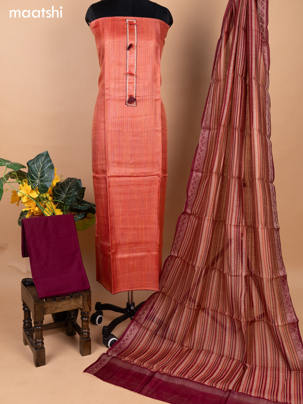Peach Shade and Maroon Pure Tussar Dress Material With Allover Thread Weaves