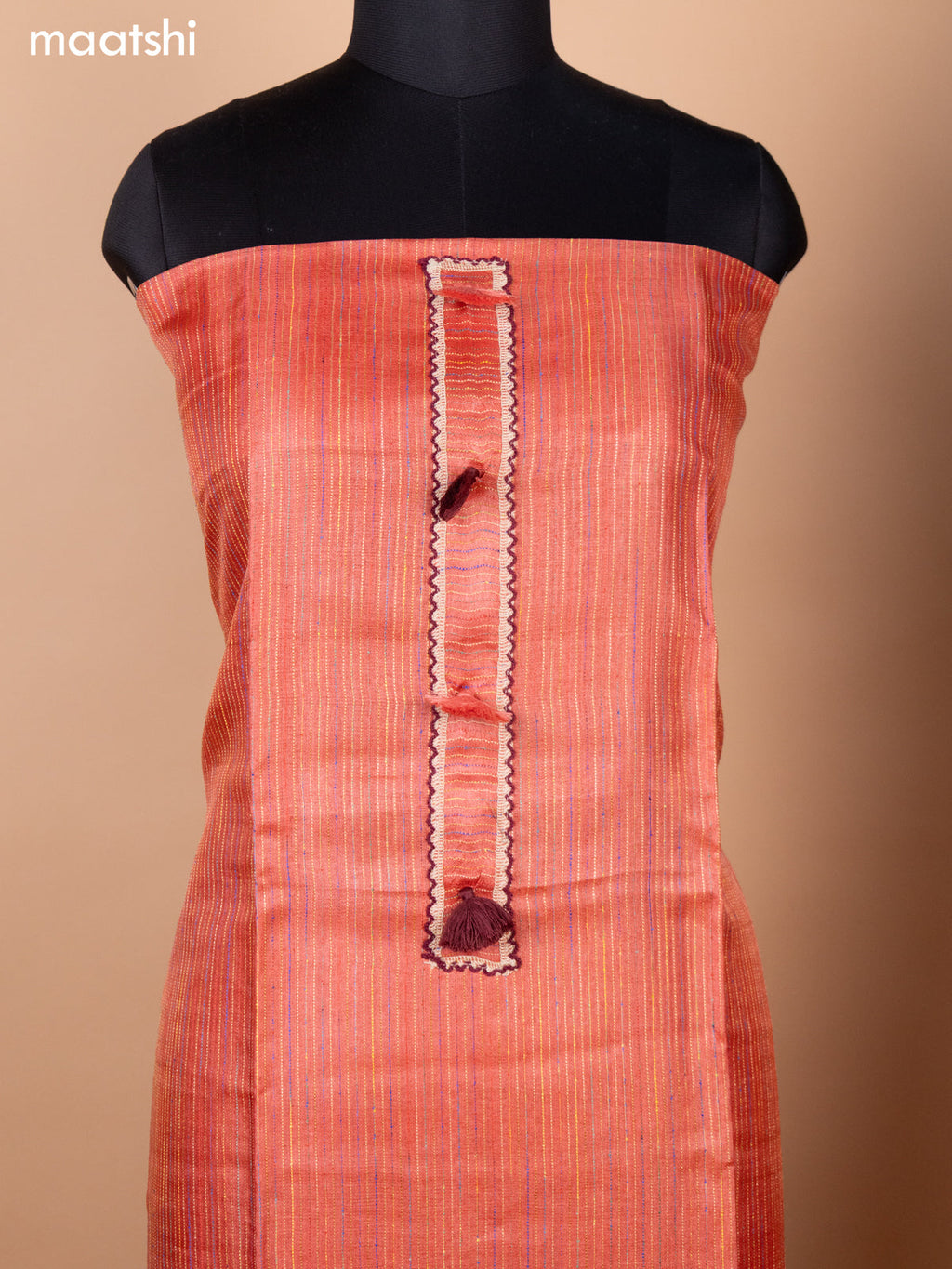 Peach Shade and Maroon Pure Tussar Dress Material With Allover Thread Weaves