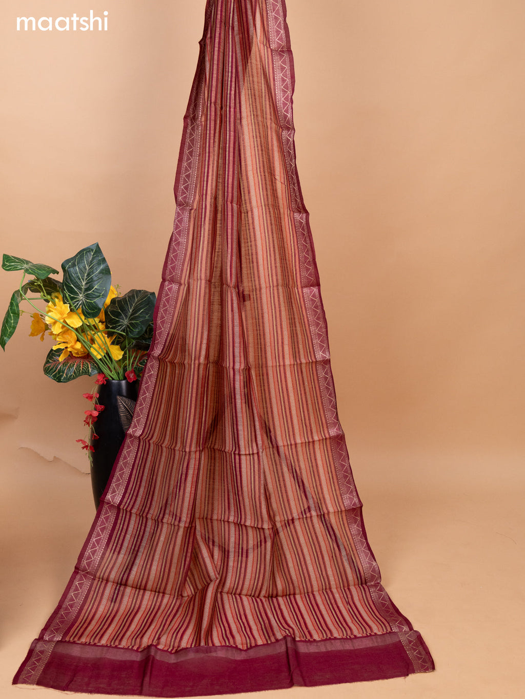 Peach Shade and Maroon Pure Tussar Dress Material With Allover Thread Weaves