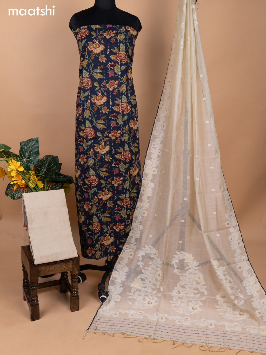 Blue and Beige Cotton Dress Material With Allover Kalamkari Prints & Kantha Stitch Work