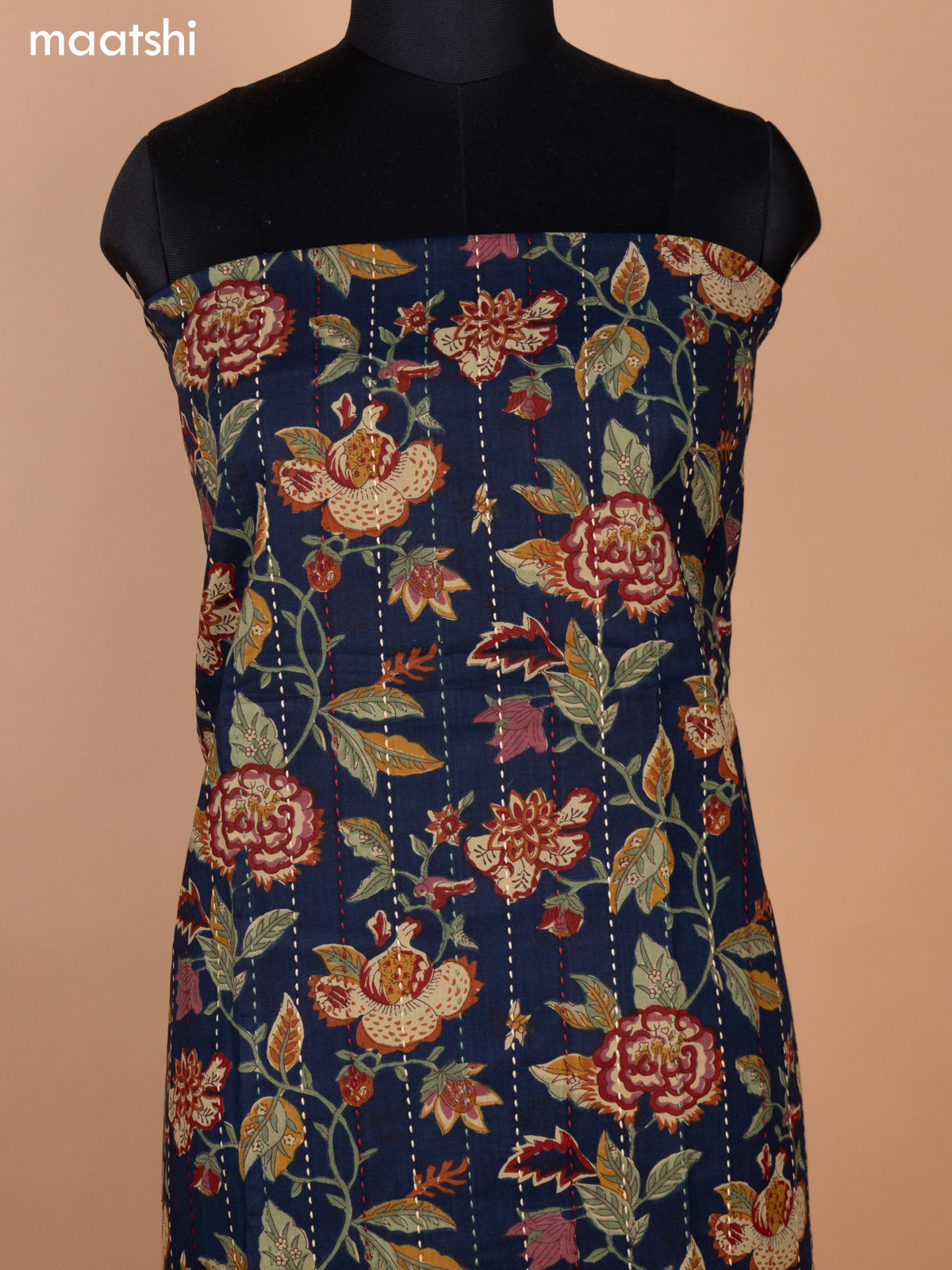 Blue and Beige Cotton Dress Material With Allover Kalamkari Prints & Kantha Stitch Work