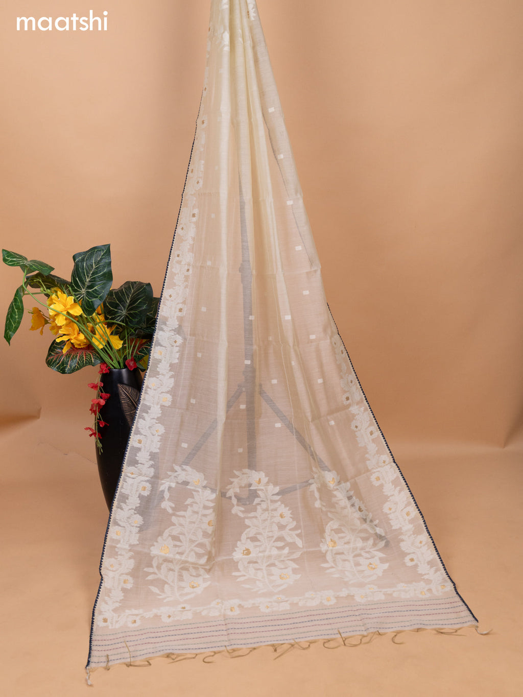 Blue and Beige Cotton Dress Material With Allover Kalamkari Prints & Kantha Stitch Work