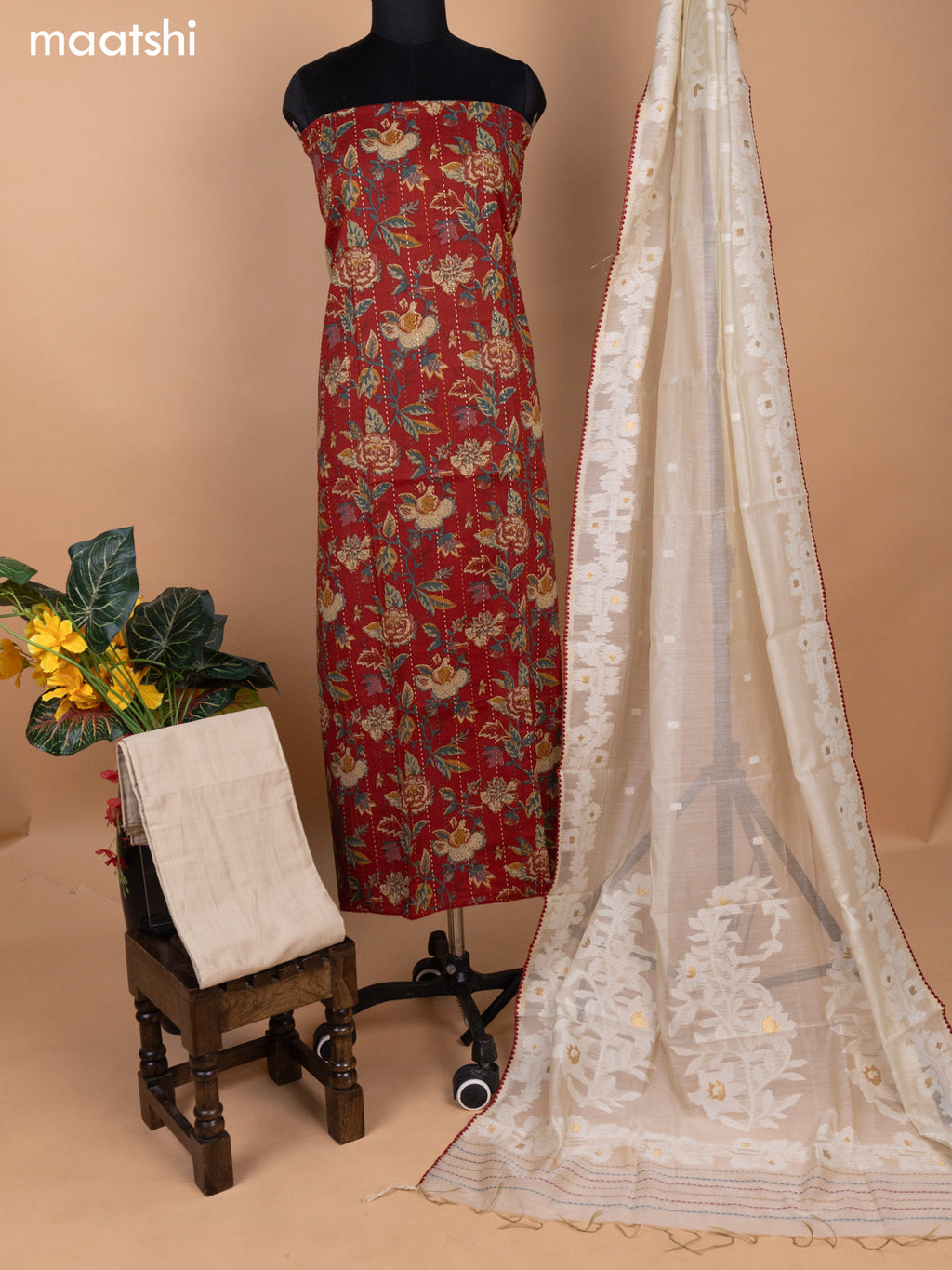 Maroon and Beige Cotton Dress Material With Allover Kalamkari Prints & Kantha Stitch Work