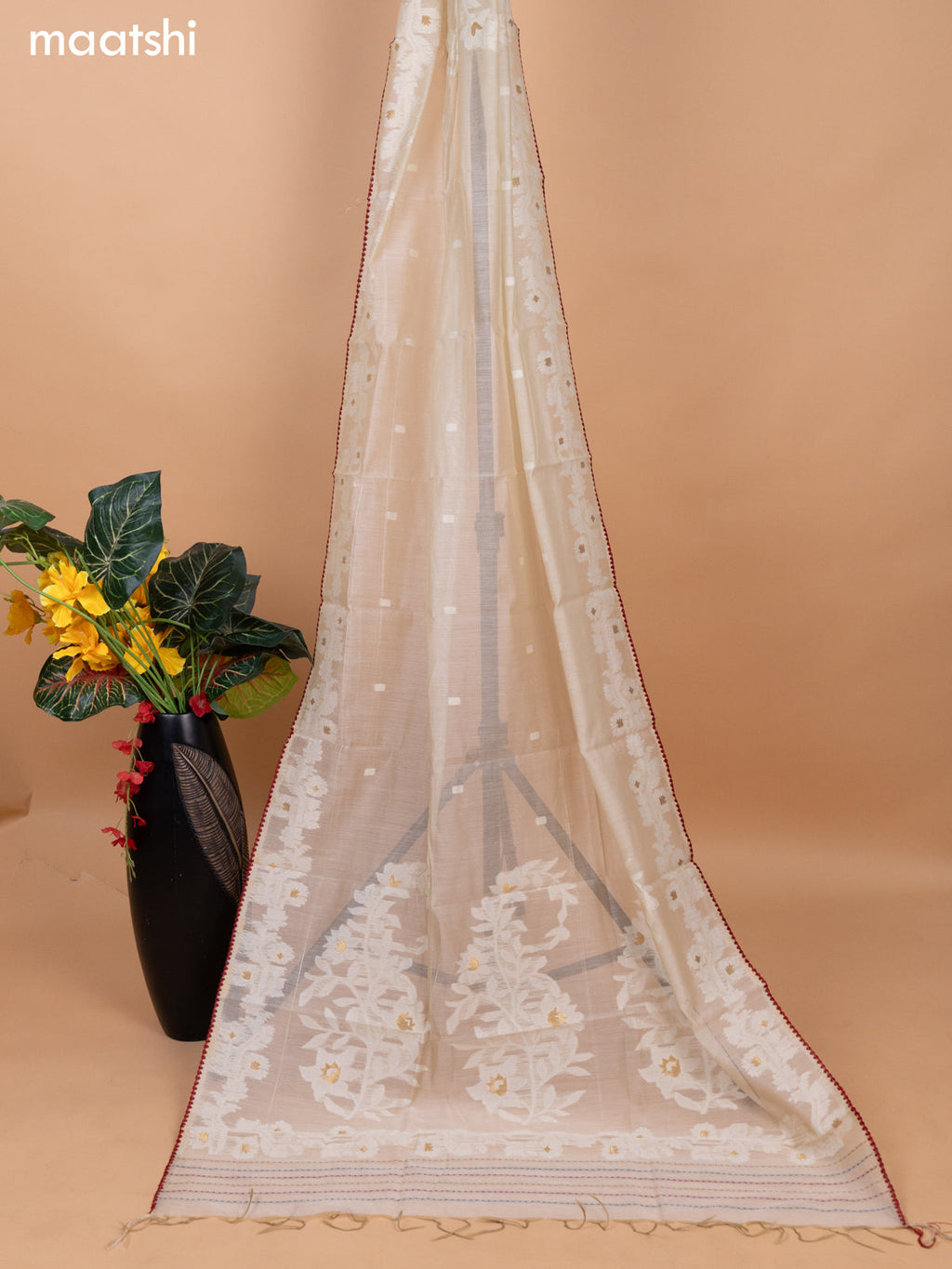 Maroon and Beige Cotton Dress Material With Allover Kalamkari Prints & Kantha Stitch Work