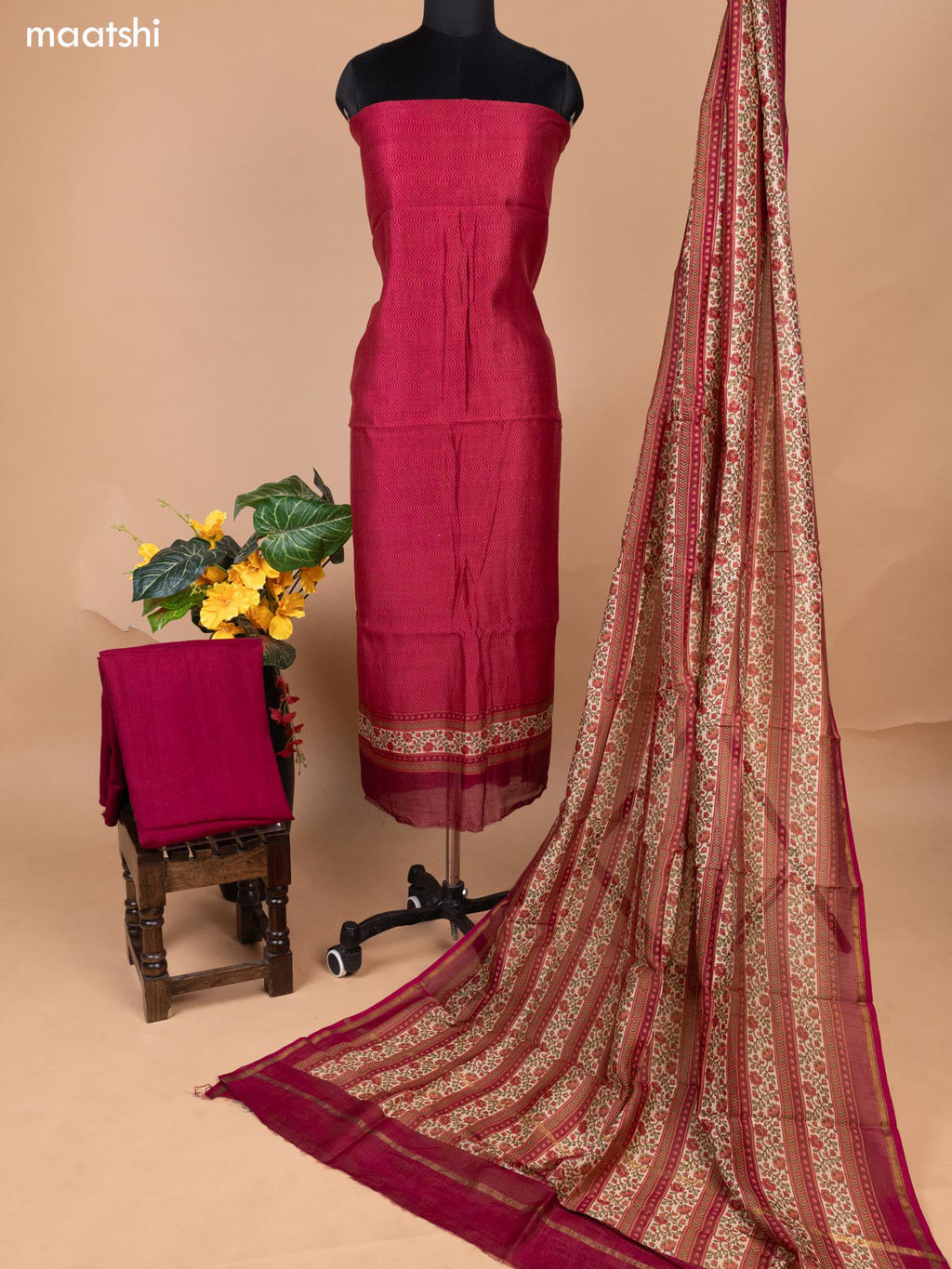 Pink and Maroon Chanderi Dress Material With Allover Prints