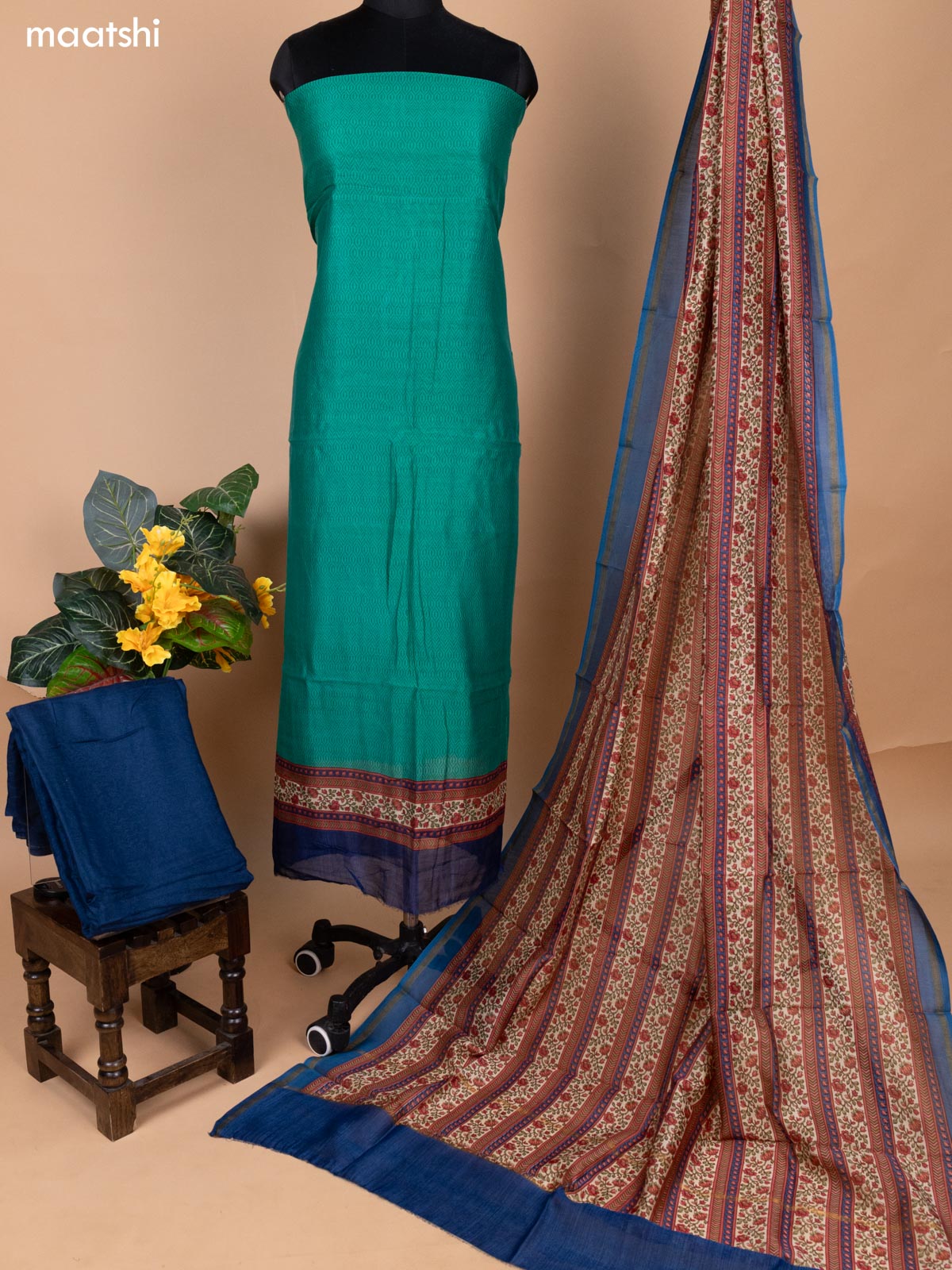 Teal Green and Peacock Blue Chanderi Dress Material With Allover Prints
