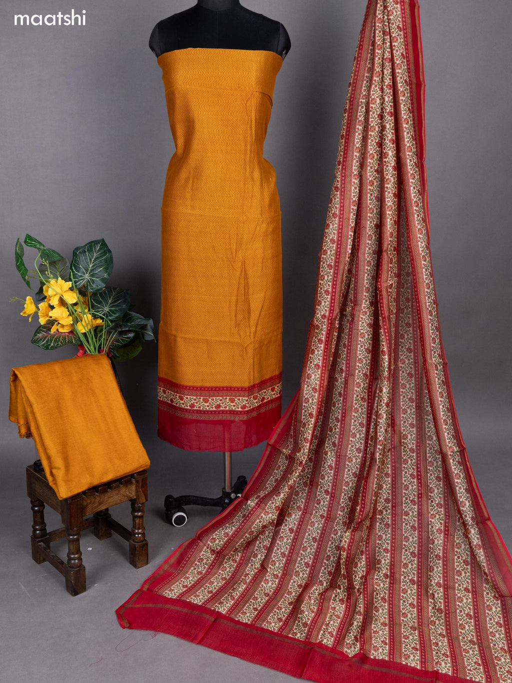 Mustard Yellow and Kumkum Red Chanderi Dress Material With Allover Prints
