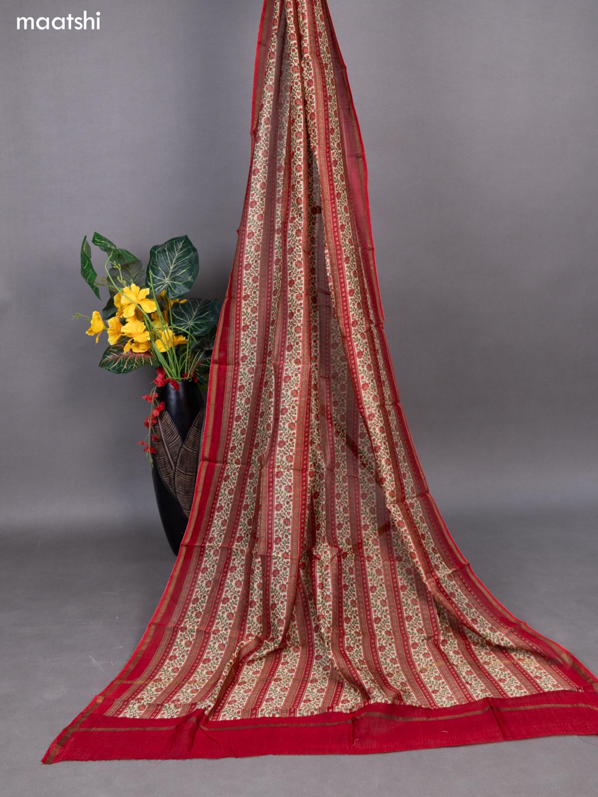 Mustard Yellow and Kumkum Red Chanderi Dress Material With Allover Prints