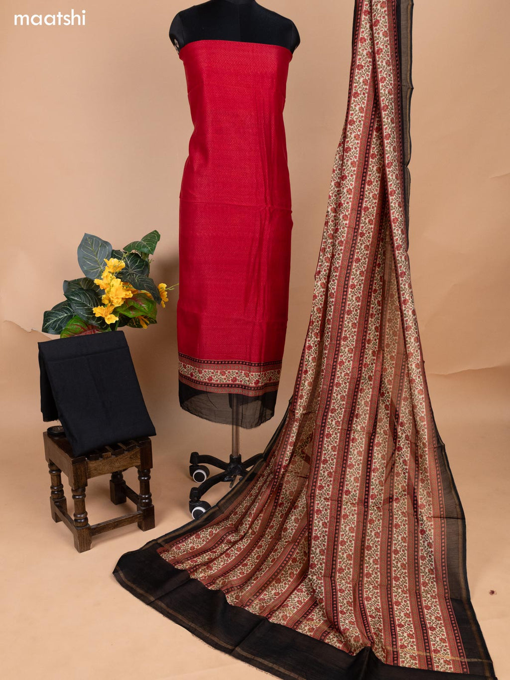 Kumkum Red and Black Chanderi Dress Material With Allover Prints