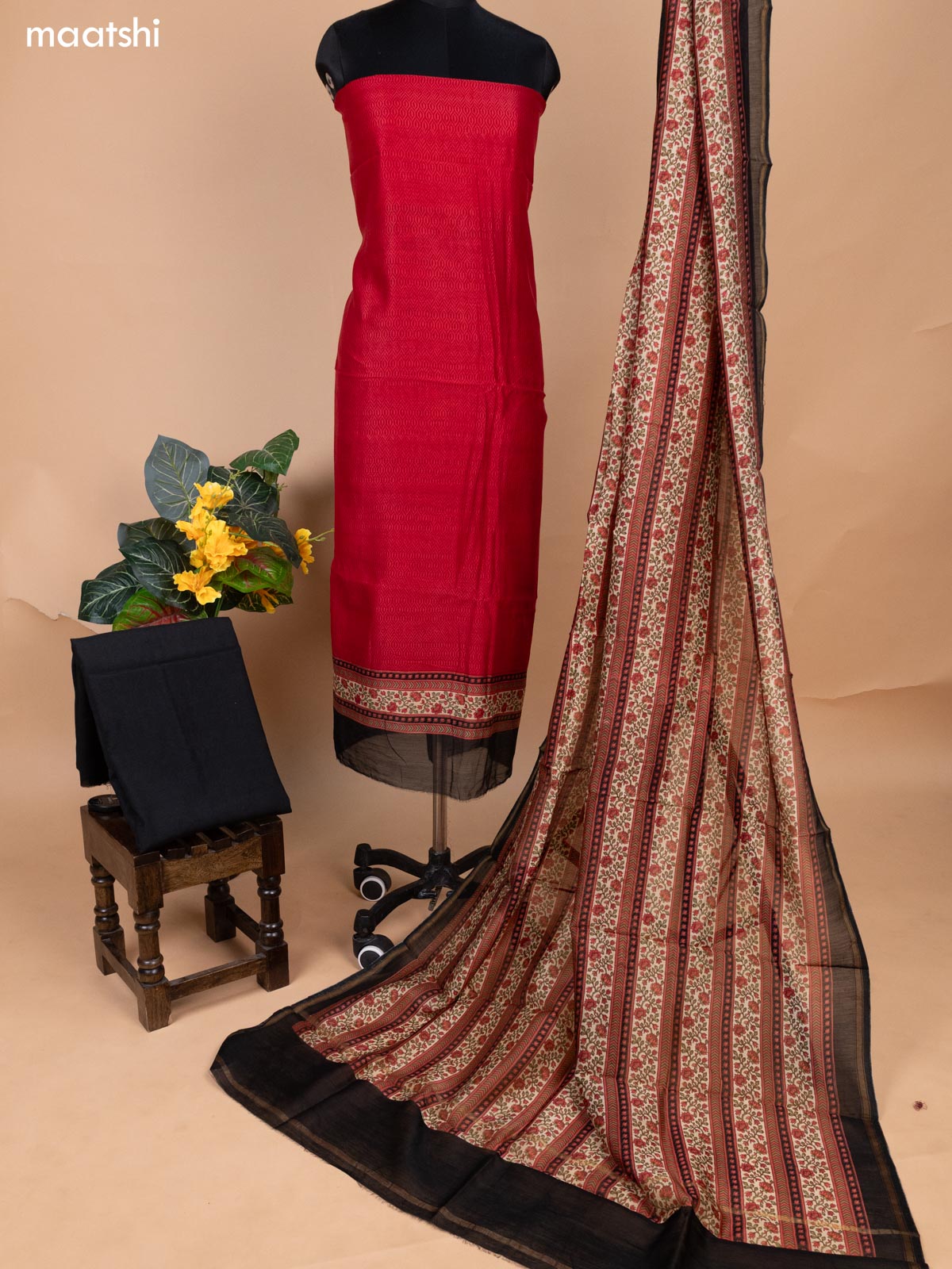 Kumkum Red and Black Chanderi Dress Material With Allover Prints