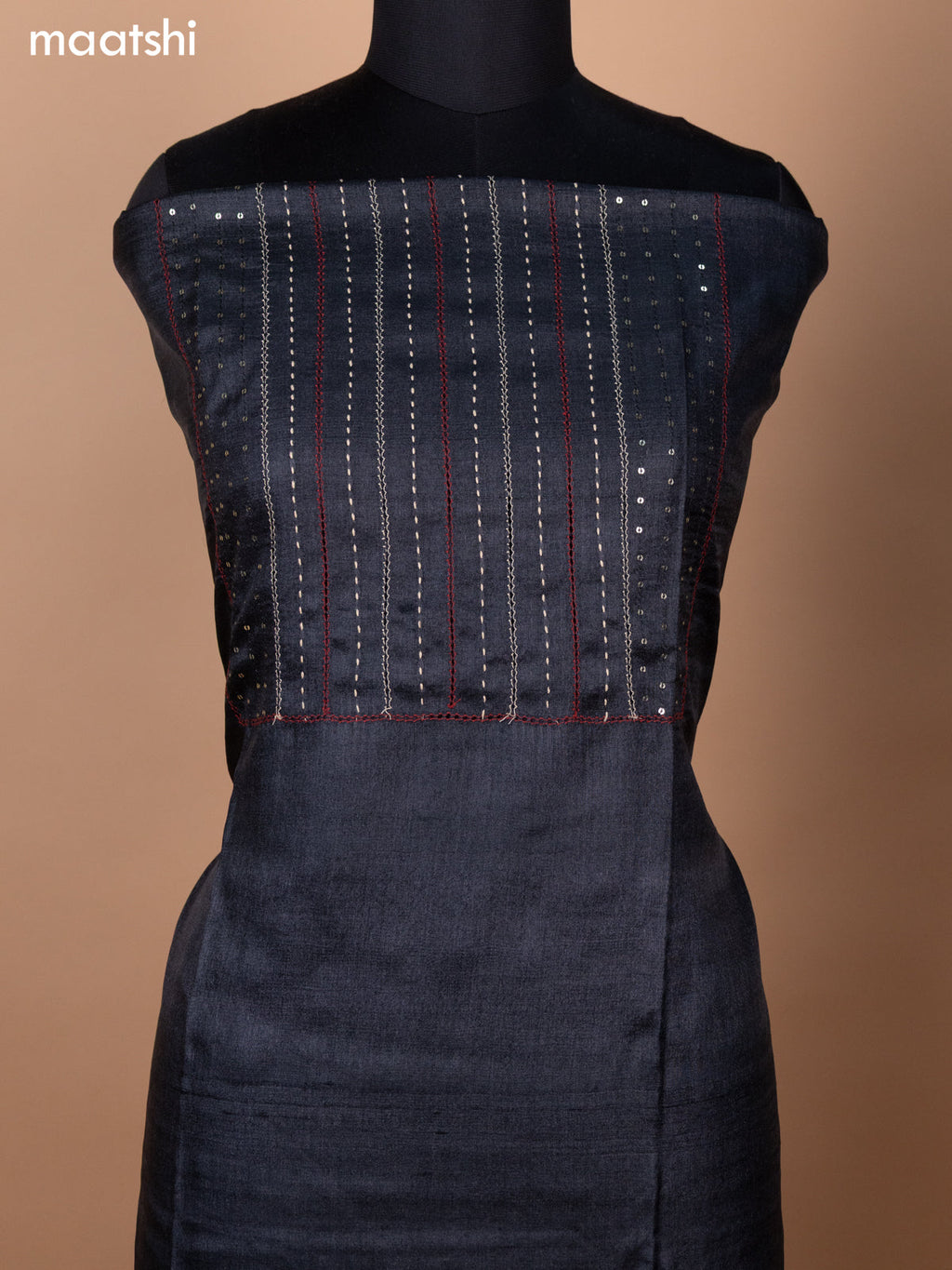 Black and Red Pure Tussar Dress Material With Allover Sequin & Kantha Stitch Work