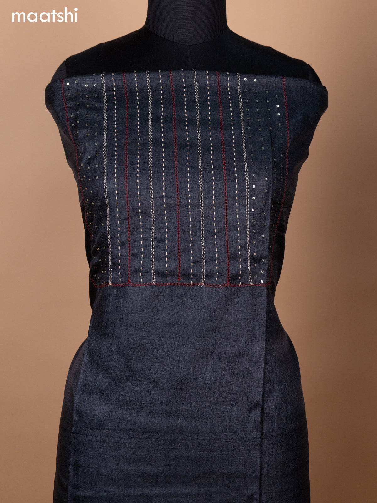 Black and Red Pure Tussar Dress Material With Allover Sequin & Kantha Stitch Work