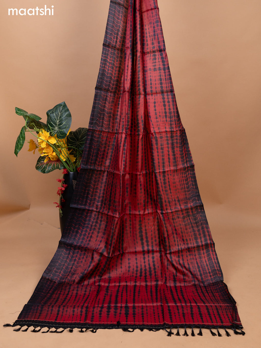 Black and Red Pure Tussar Dress Material With Allover Sequin & Kantha Stitch Work