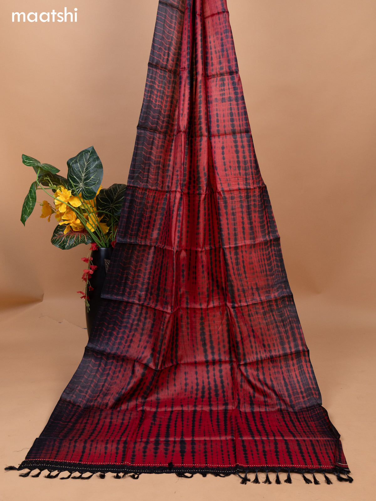 Black and Red Pure Tussar Dress Material With Allover Sequin & Kantha Stitch Work