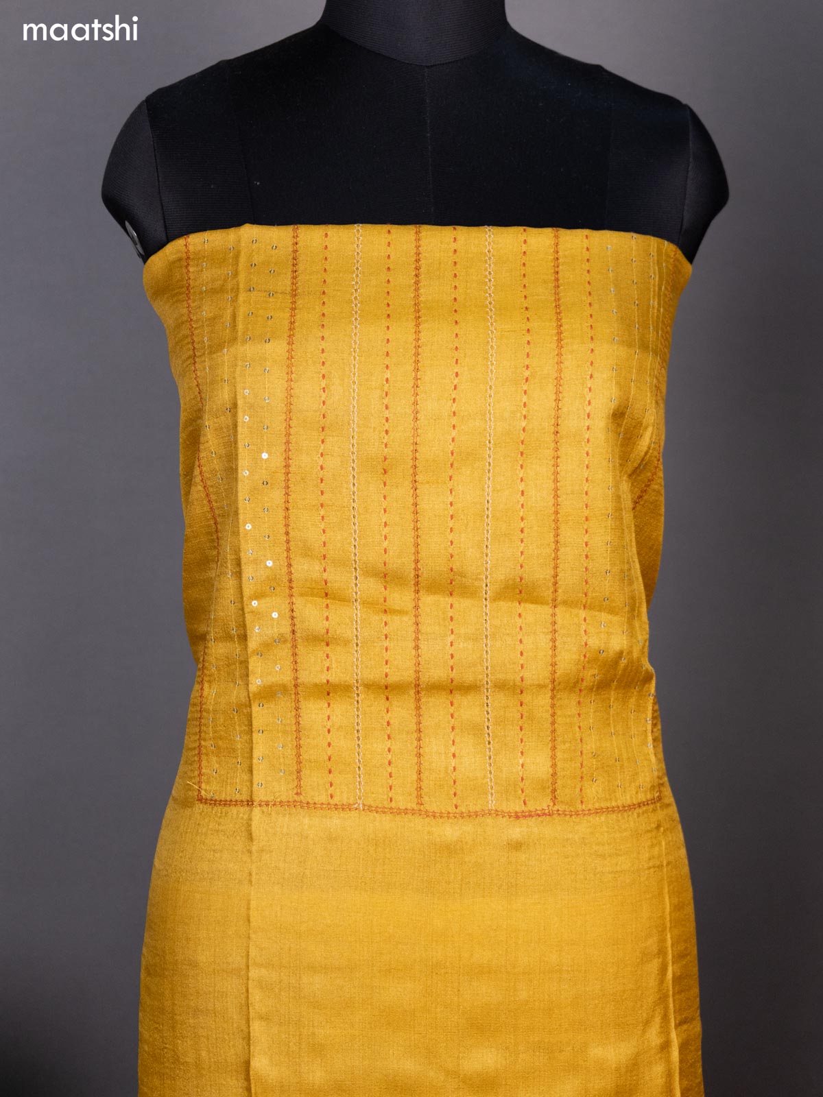 Mustard Yellow and Rust Shade Pure Tussar Dress Material With Allover Sequin & Kantha Stitch Work