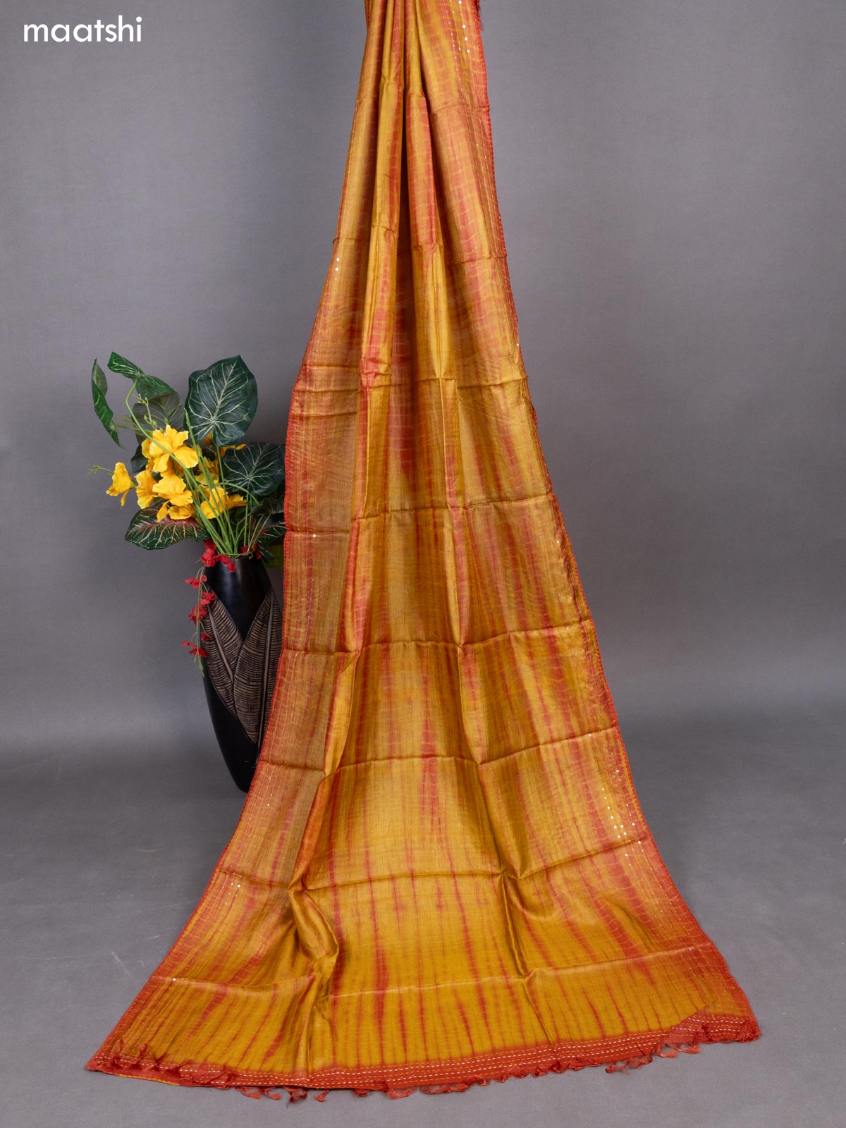 Mustard Yellow and Rust Shade Pure Tussar Dress Material With Allover Sequin & Kantha Stitch Work