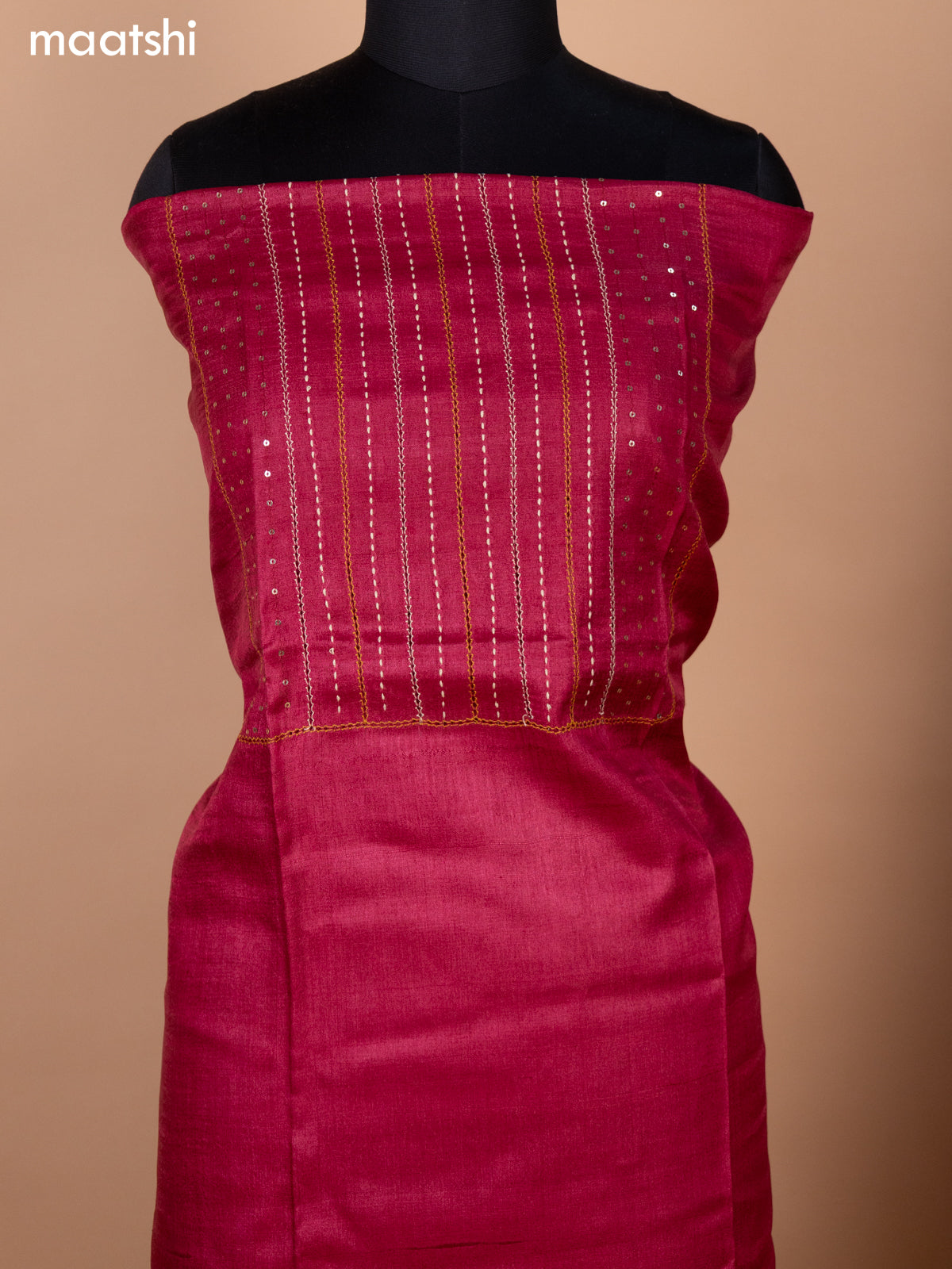 Maroon and Mustard Shade Pure Tussar Dress Material With Allover Sequin & Kantha Stitch Work