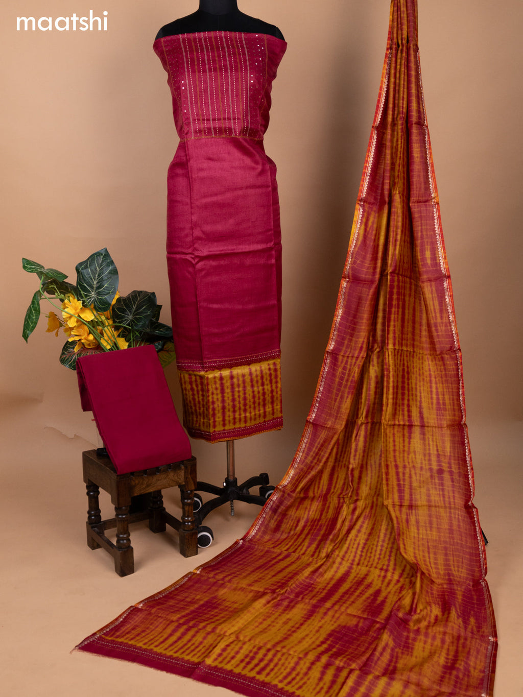 Maroon and Mustard Shade Pure Tussar Dress Material With Allover Sequin & Kantha Stitch Work