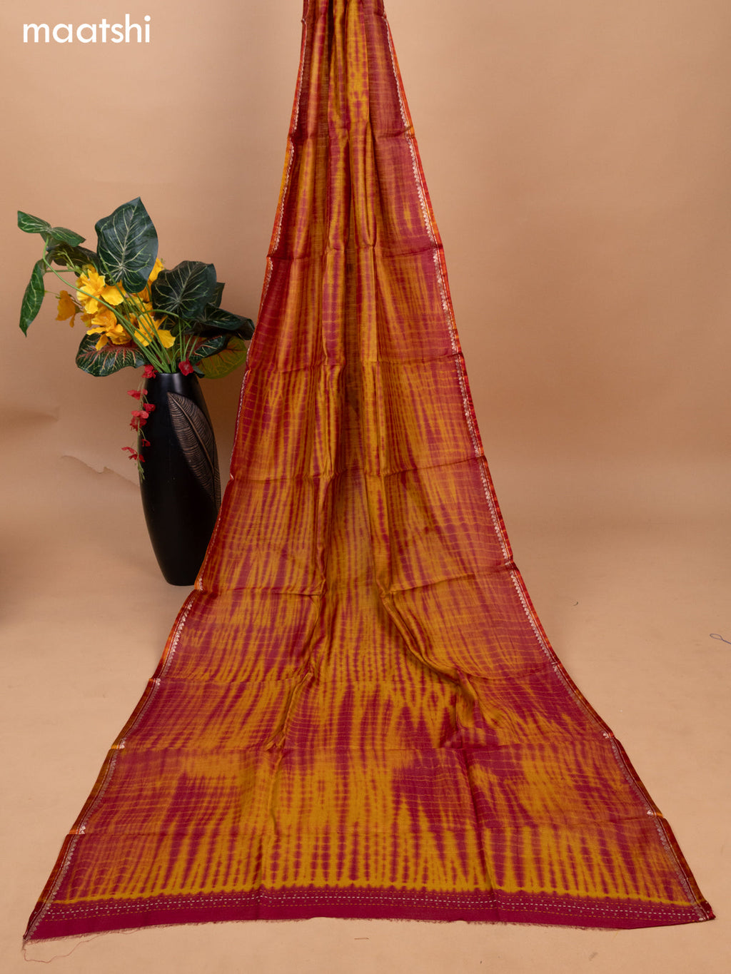 Maroon and Mustard Shade Pure Tussar Dress Material With Allover Sequin & Kantha Stitch Work