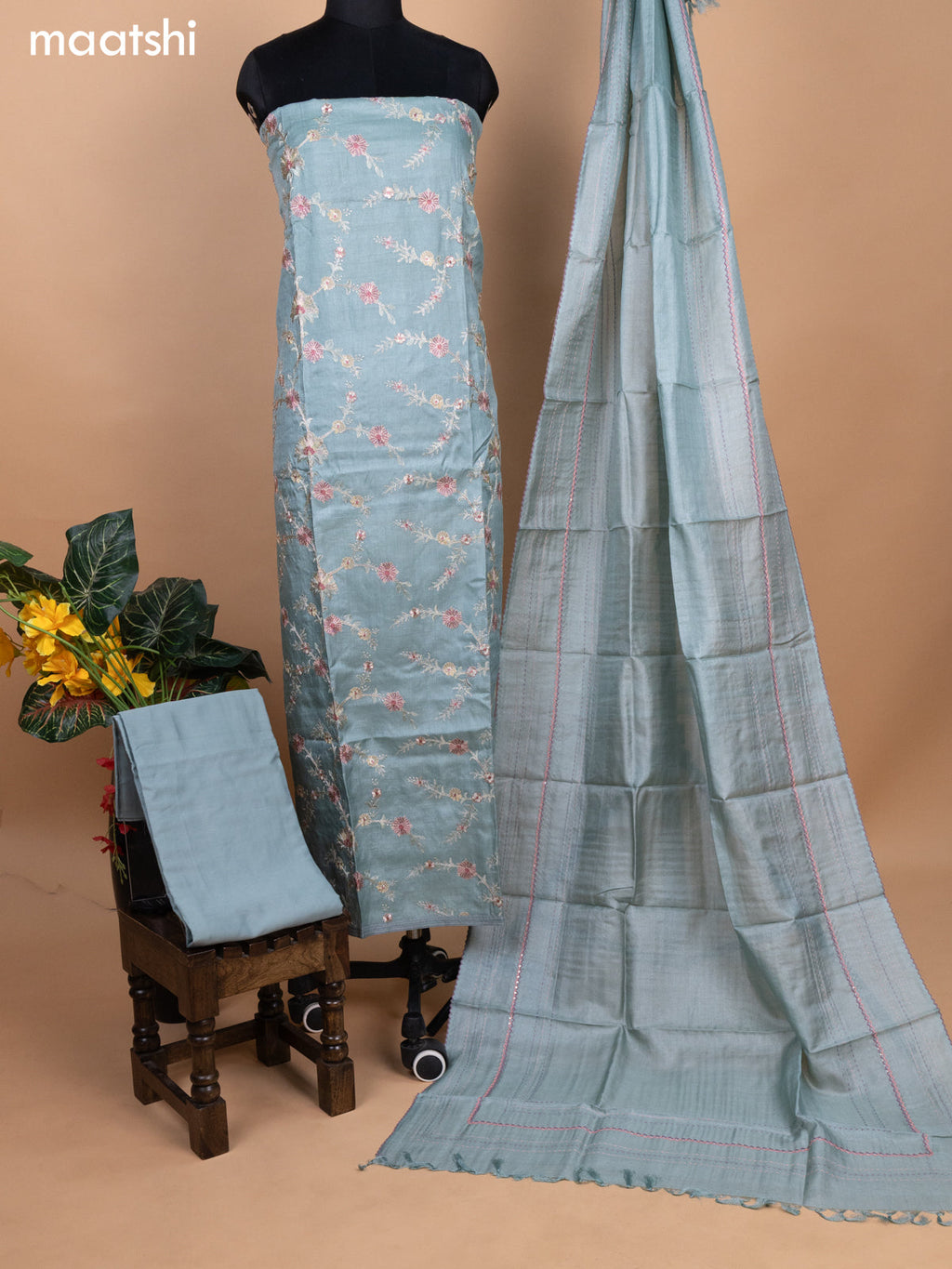 Pastel Blue Pure Tussar Dress Material With Allover Floral Embroidery Work
