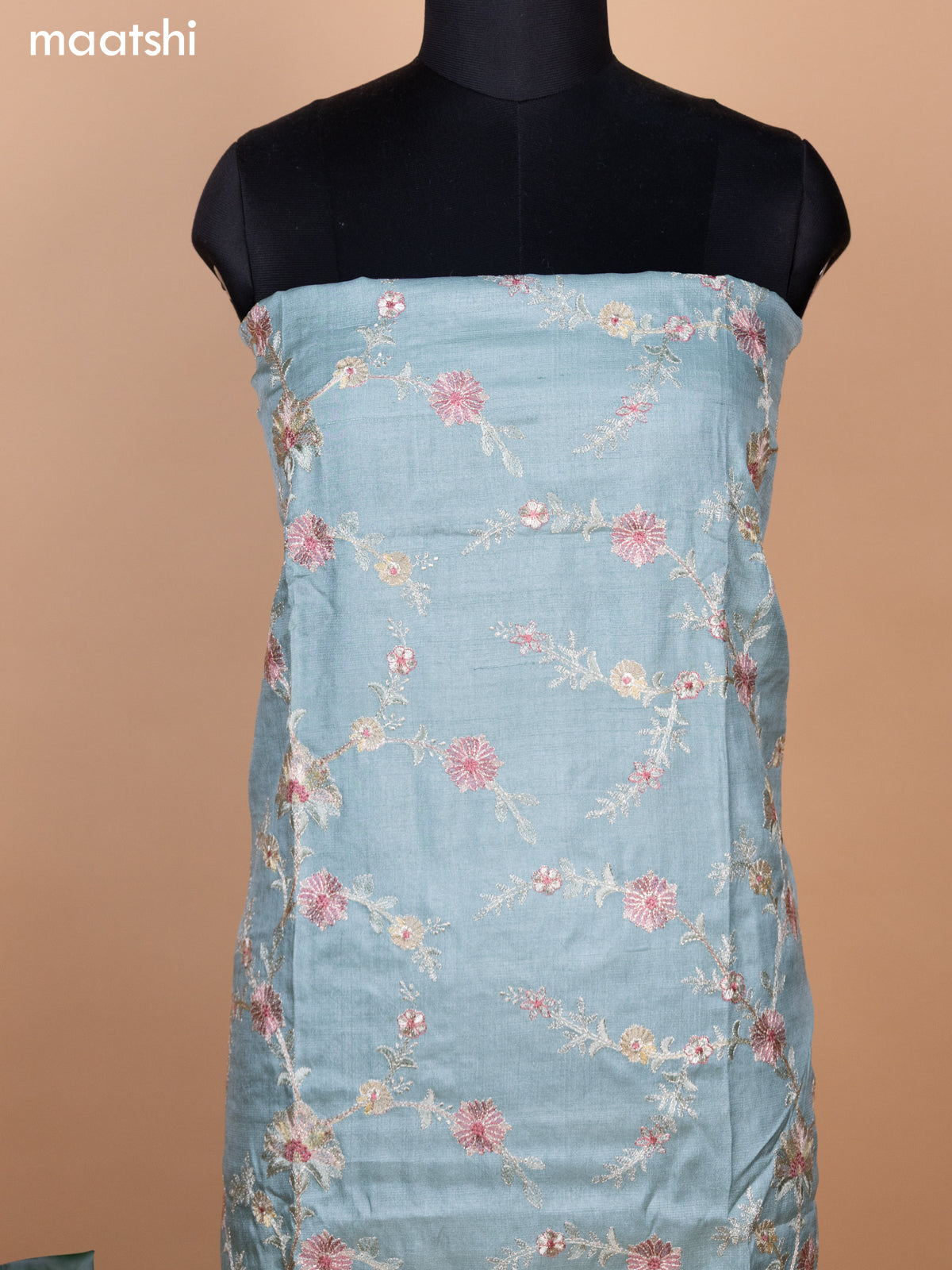 Pastel Blue Pure Tussar Dress Material With Allover Floral Embroidery Work
